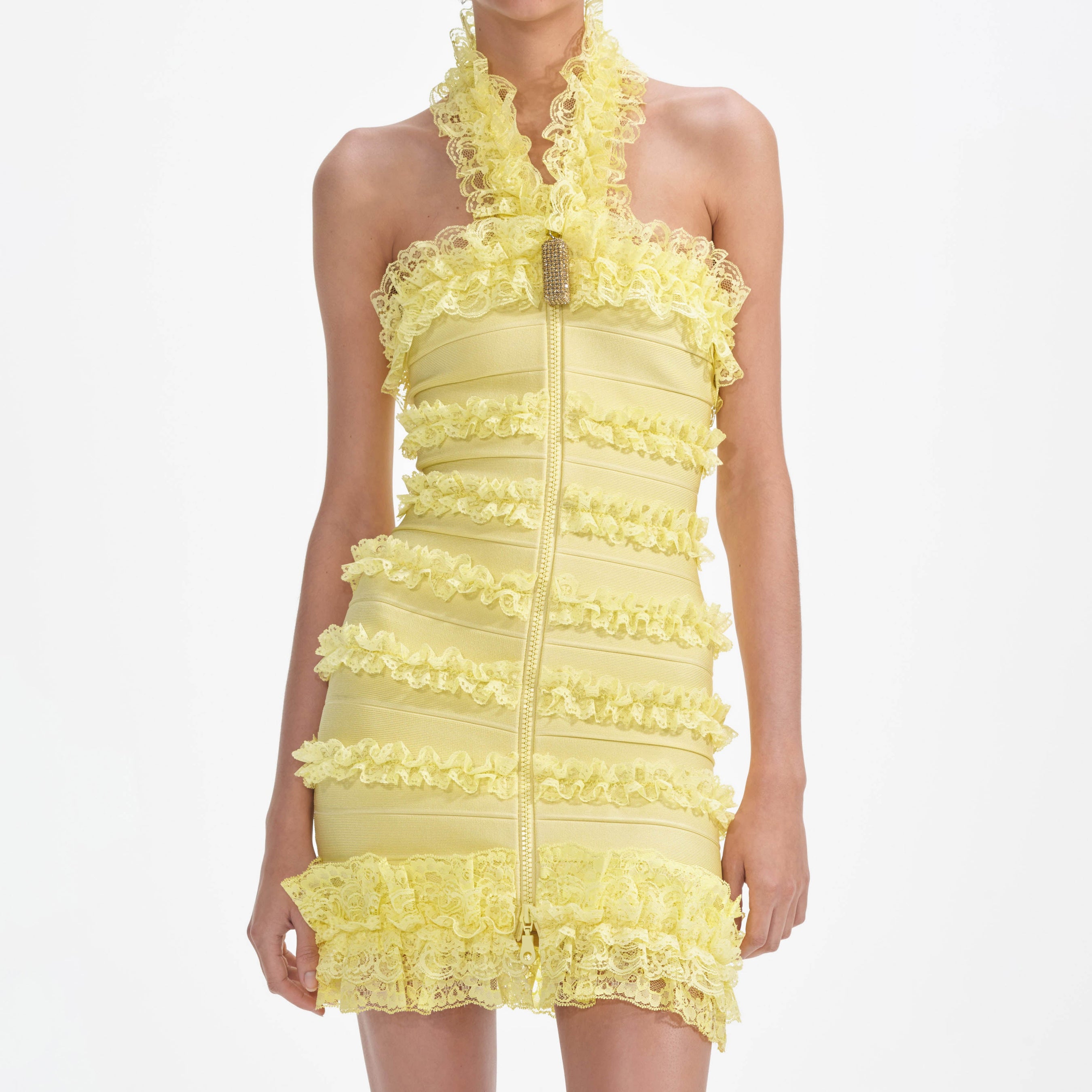 Yellow Knit Zip Ruffle Mini Dress