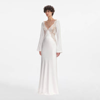 White Lace Satin Long Sleeve Maxi Dress