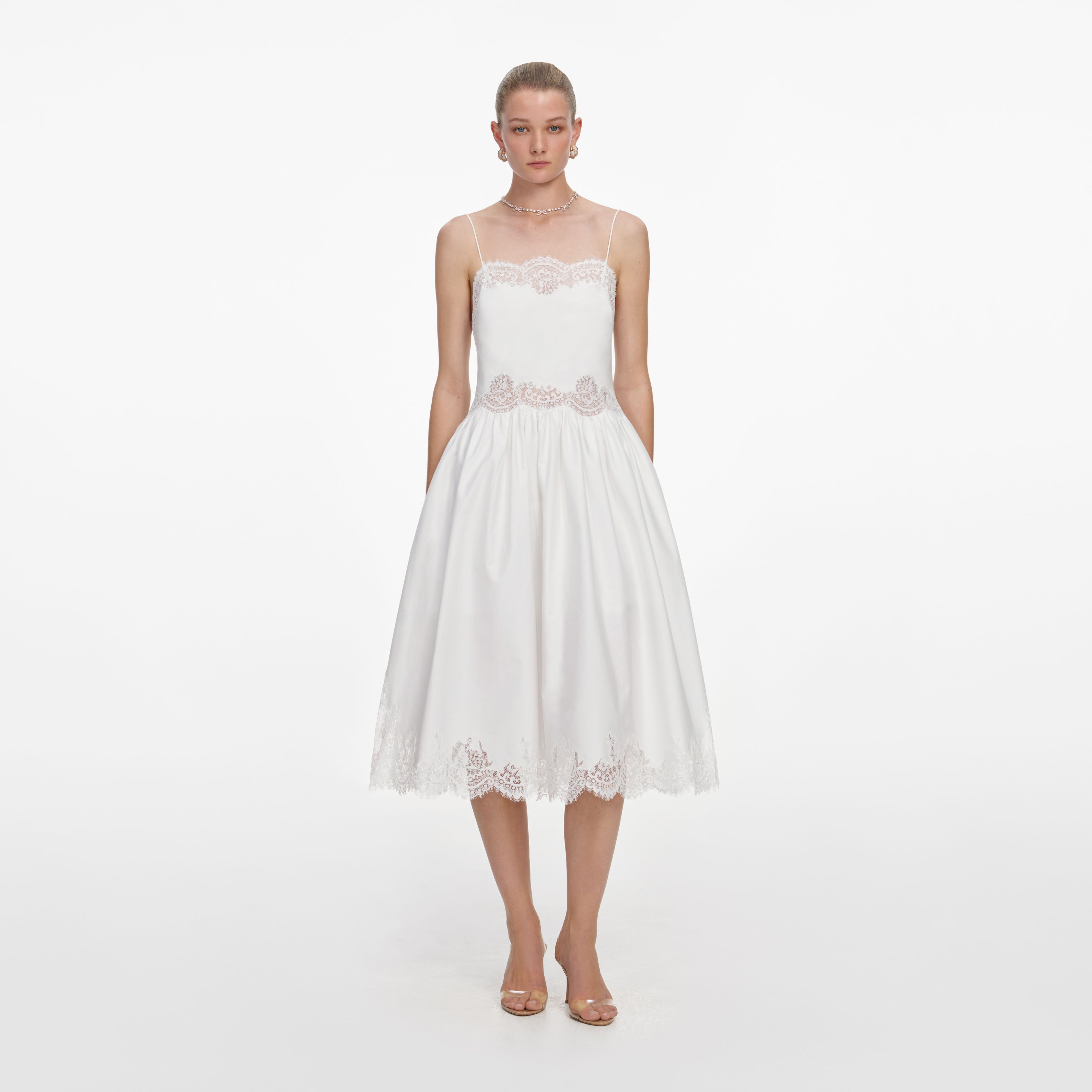 White Cotton Lace Trim Midi Dress