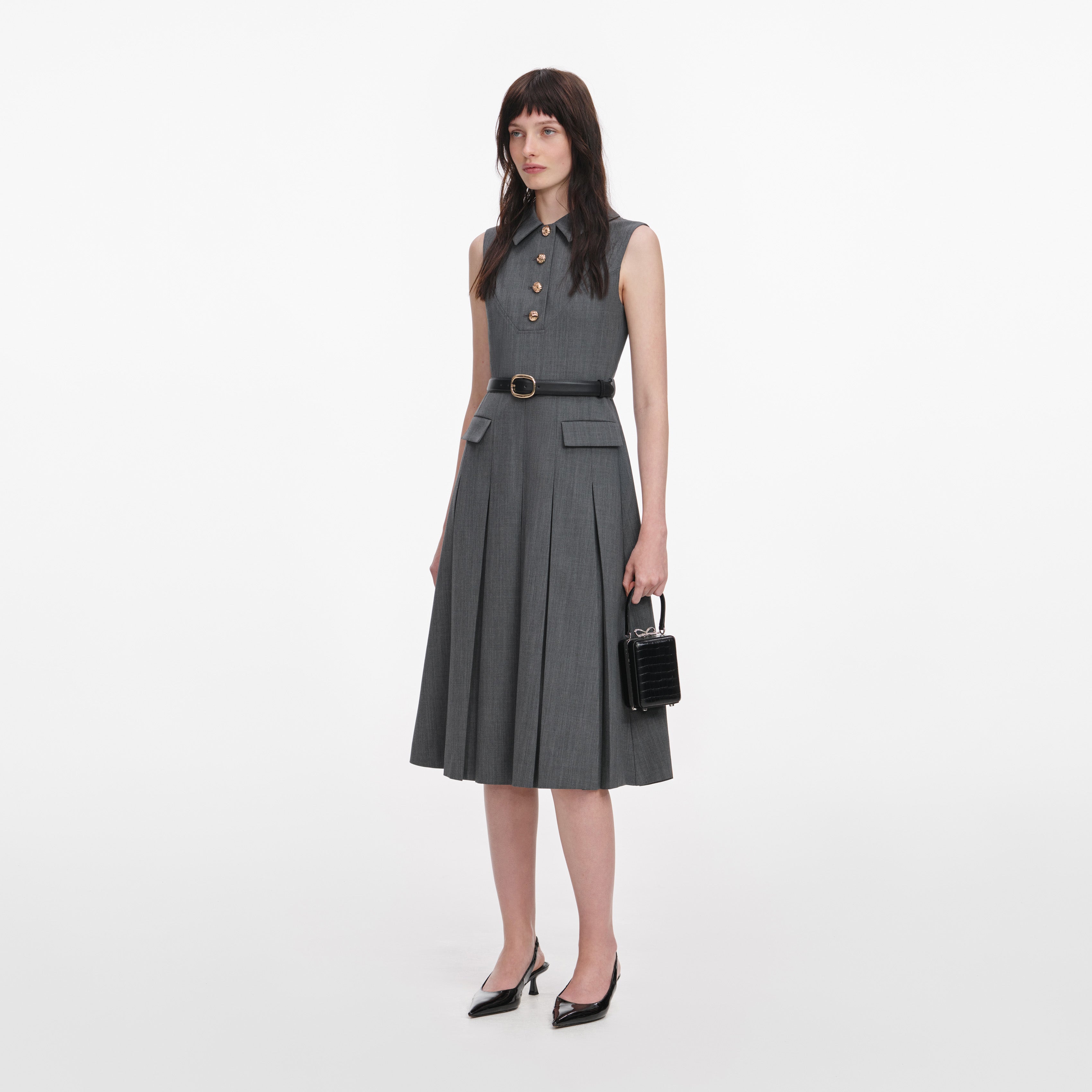 Grey Tailored Pleated Midi Dress