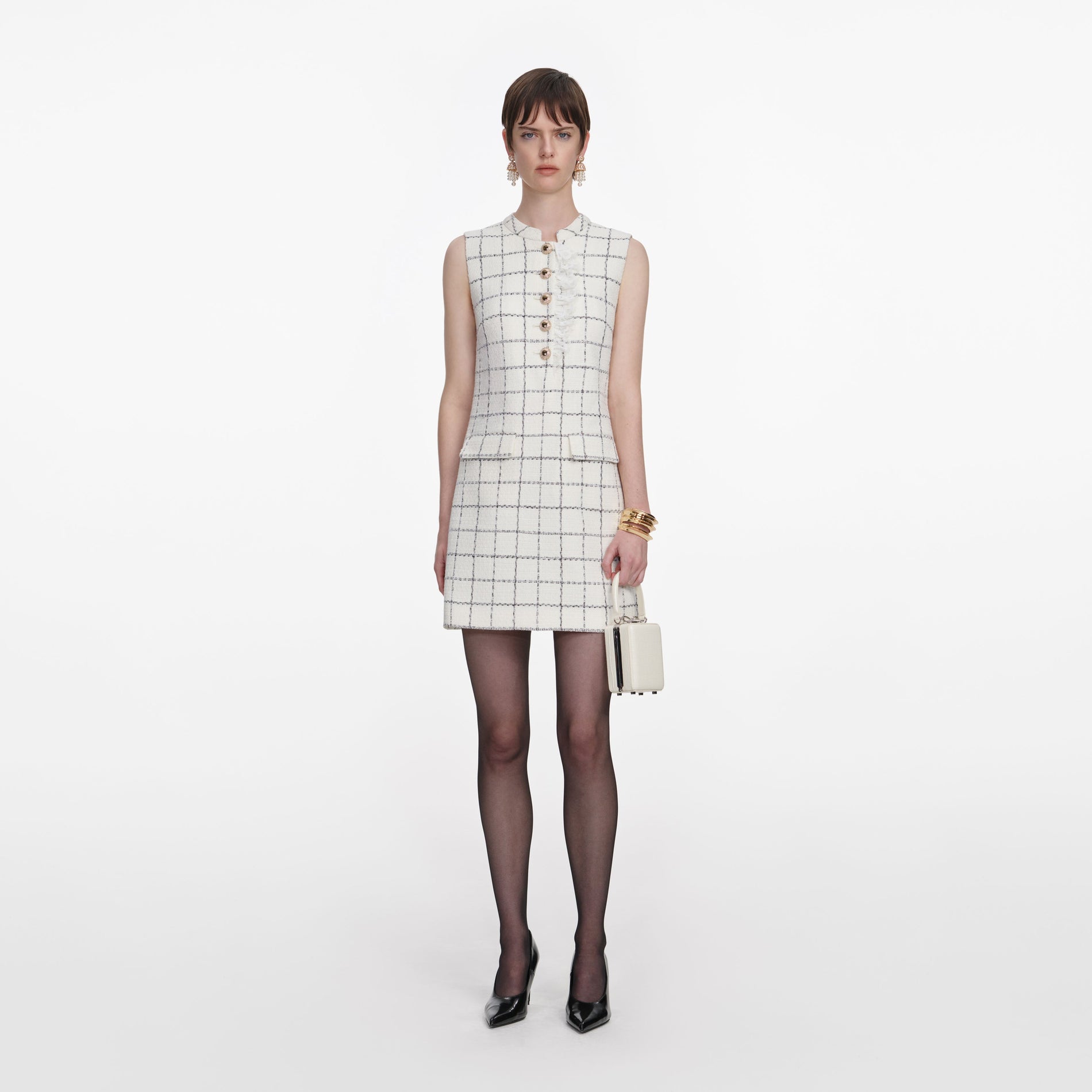 Front view of a woman wearing the Check Boucle Lace Trim Mini Dress