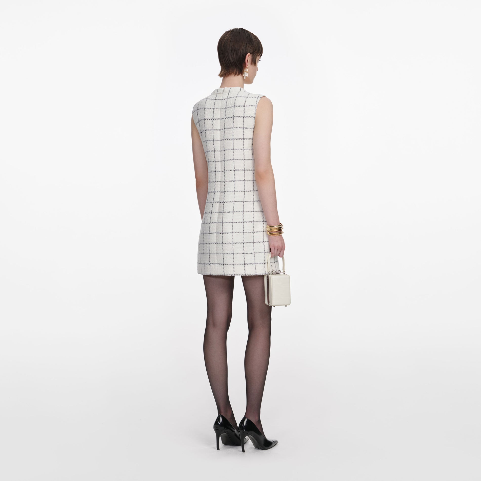 Back view of a woman wearing the Check Boucle Lace Trim Mini Dress