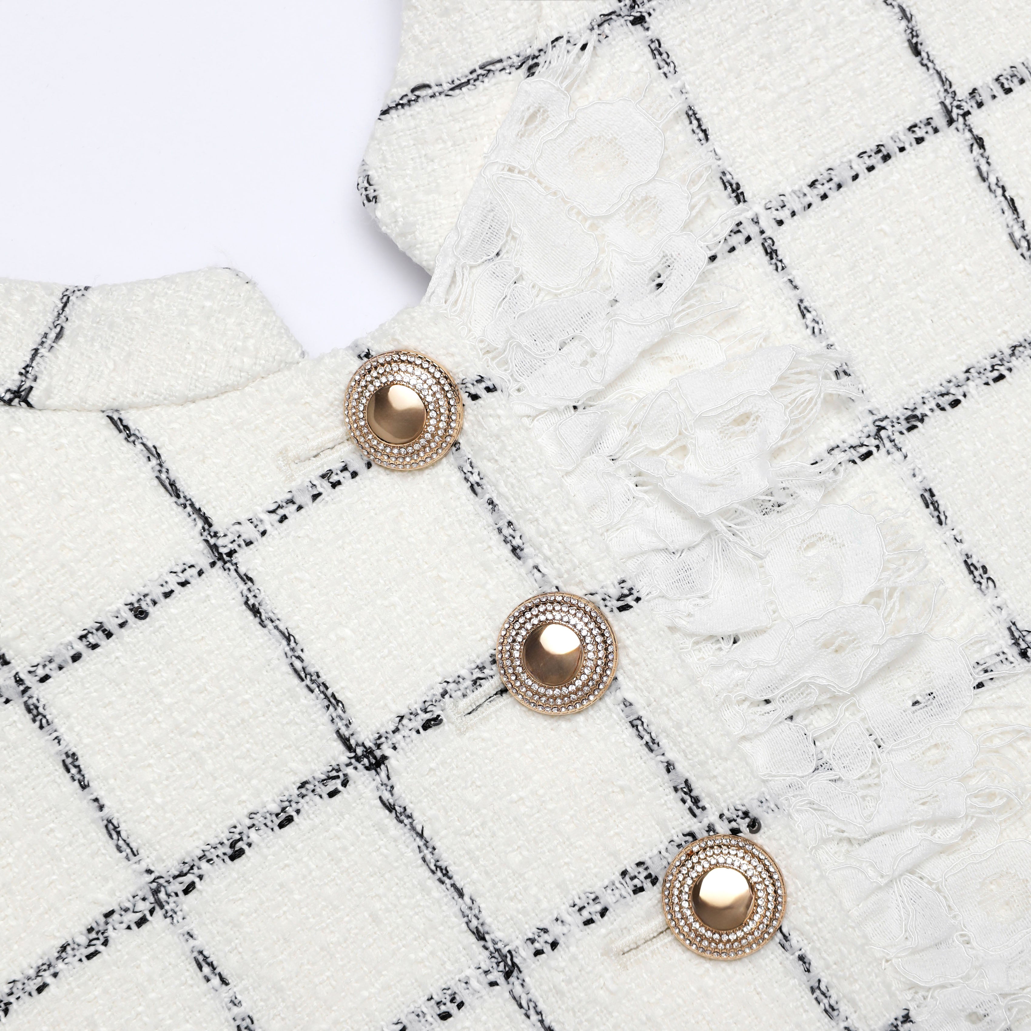 Check Boucle Lace Trim Mini Dress