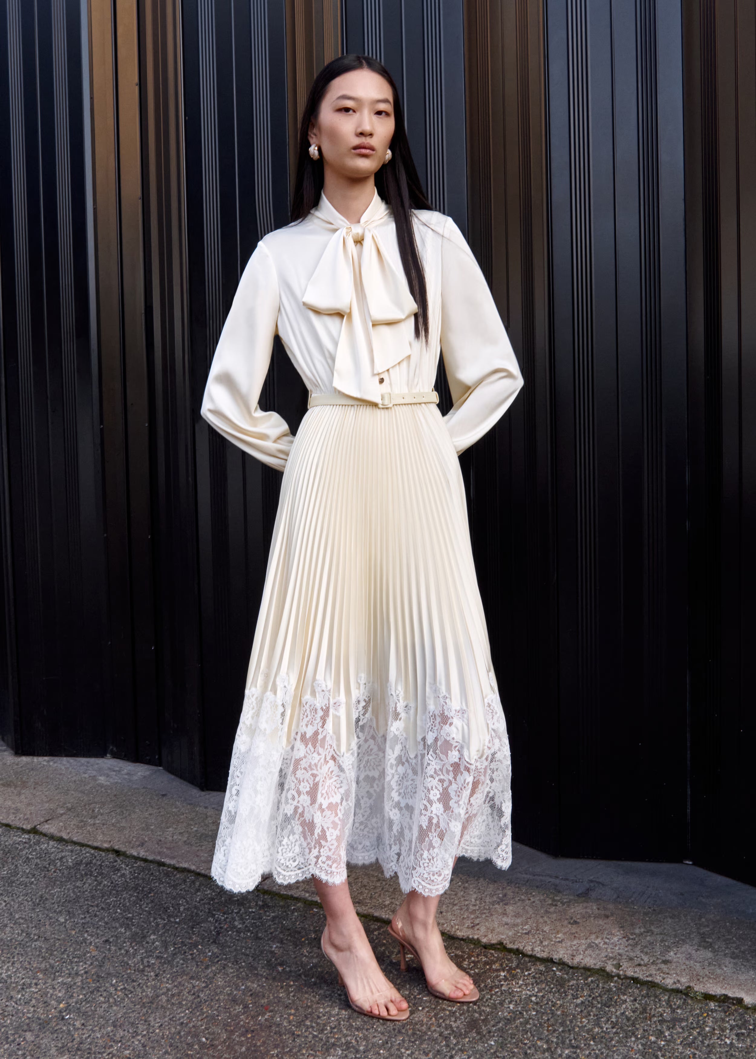 Yellow Satin Lace Midi Dress