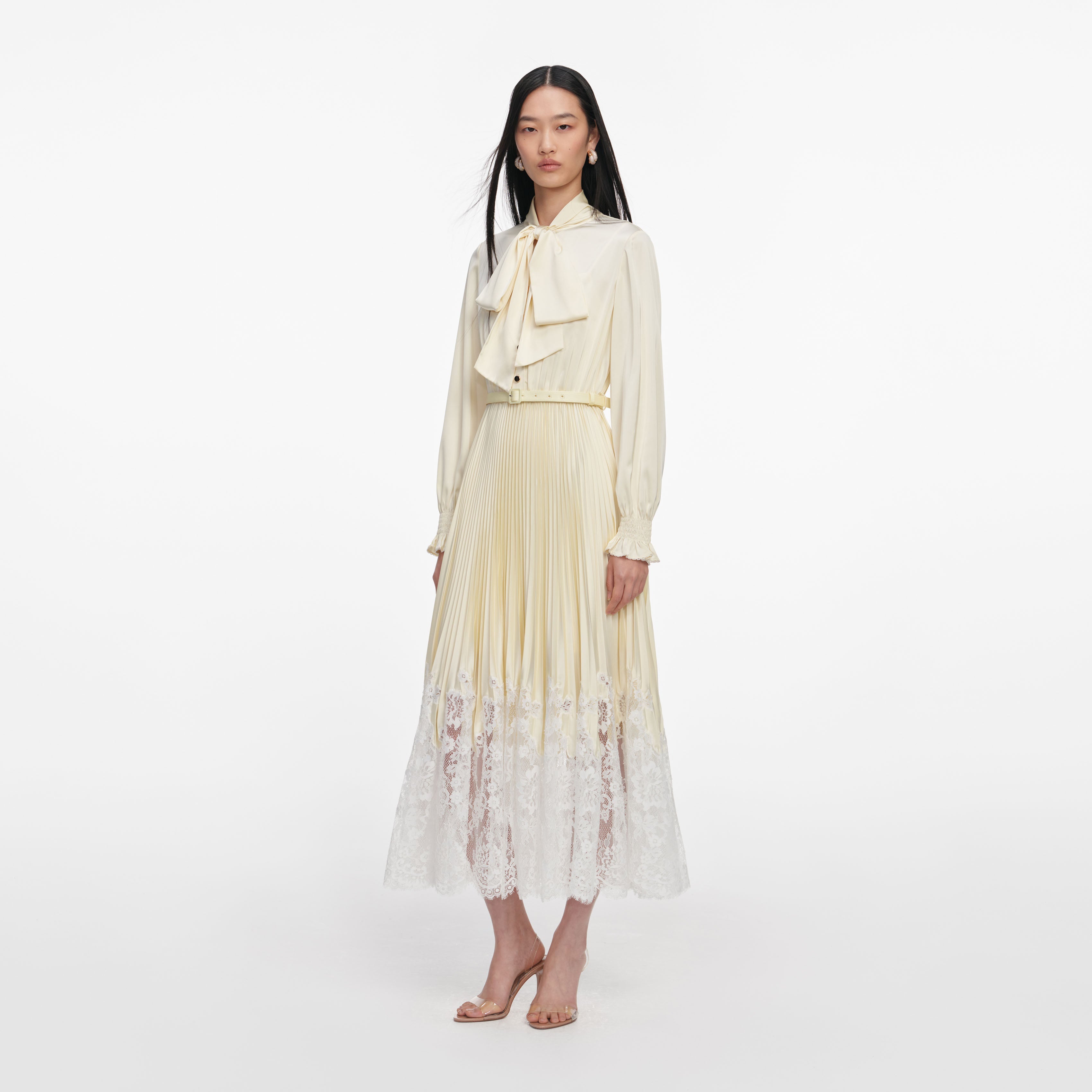 Yellow Satin Lace Midi Dress – self-portrait-EU