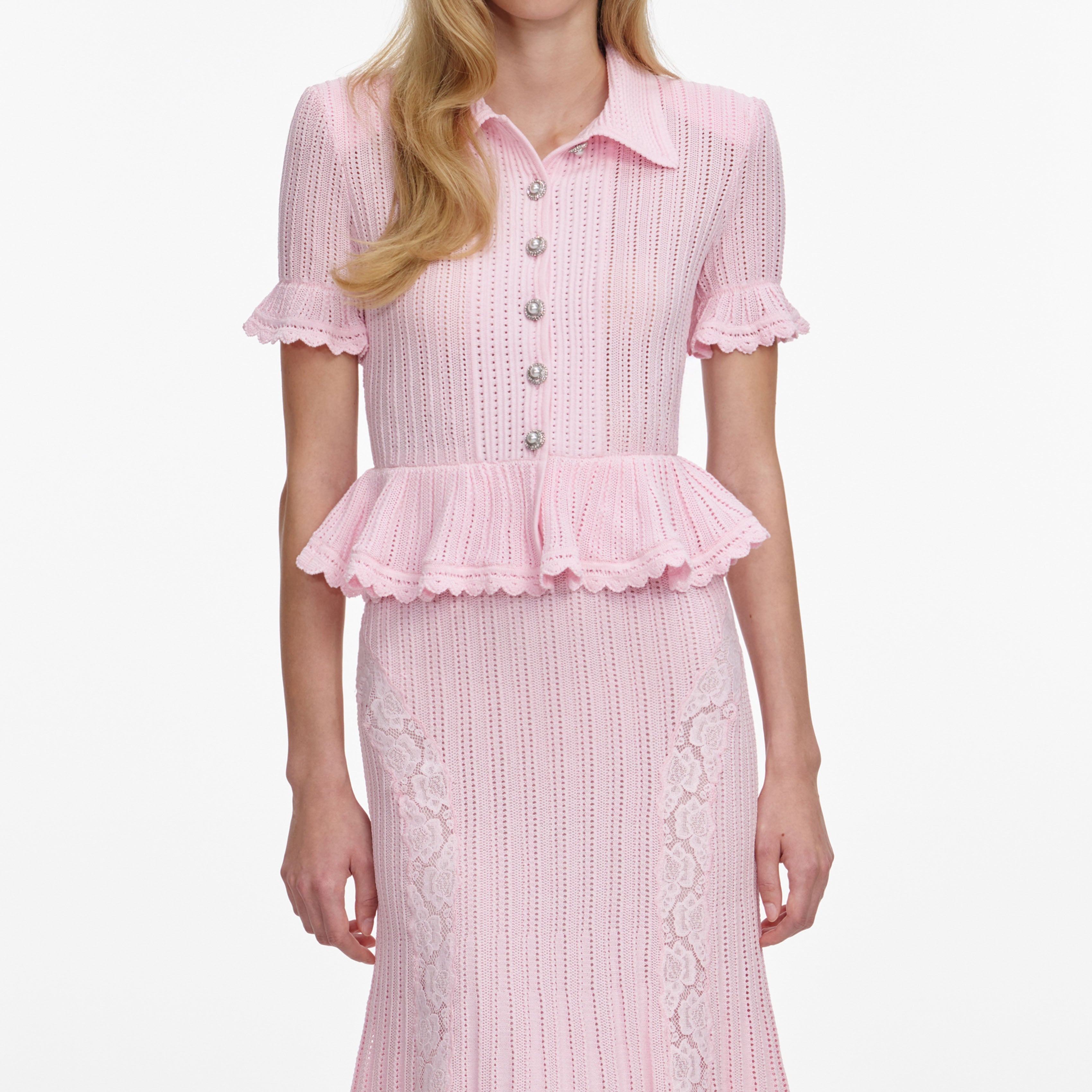 Pink Pointelle Peplum Knit Midi Dress – self-portrait-EU