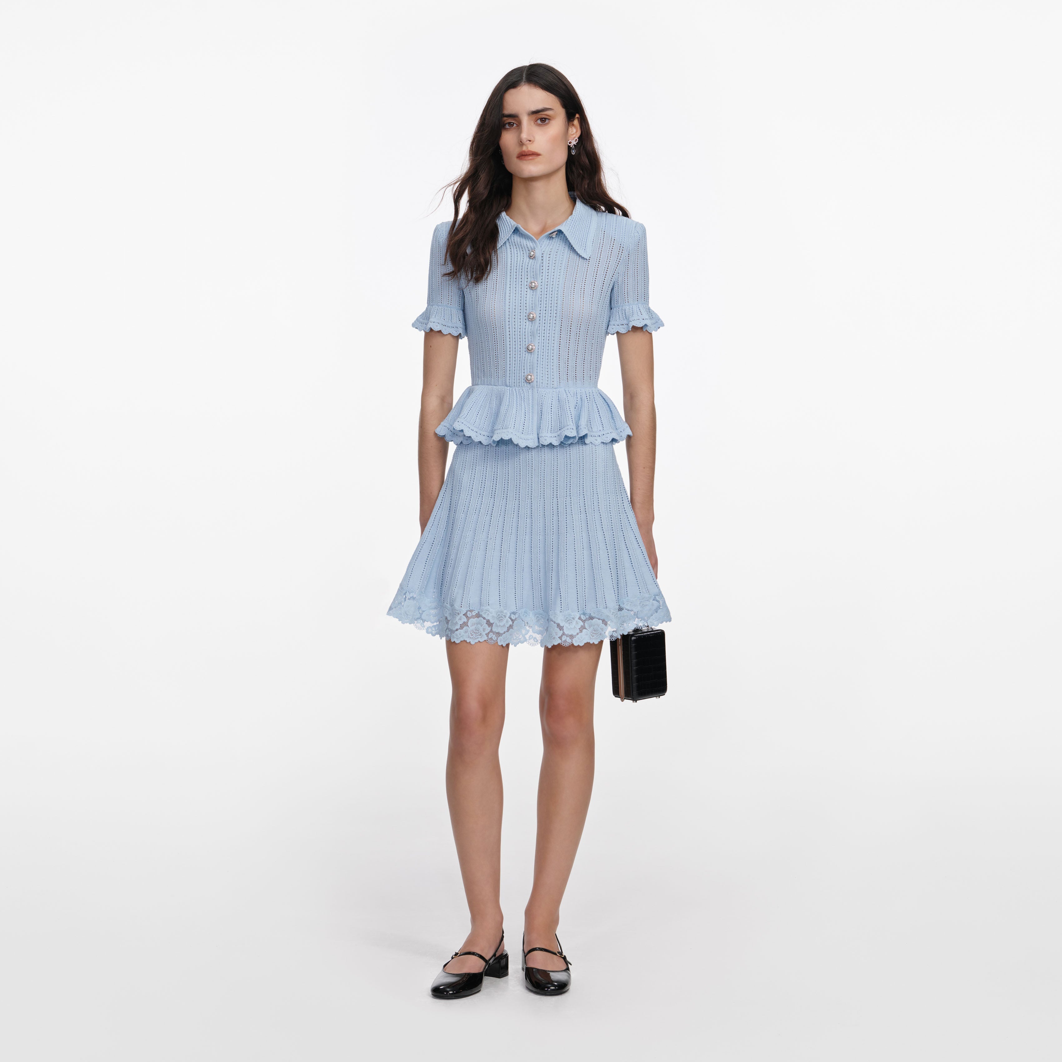 Blue Pointelle Peplum Knit Mini Dress