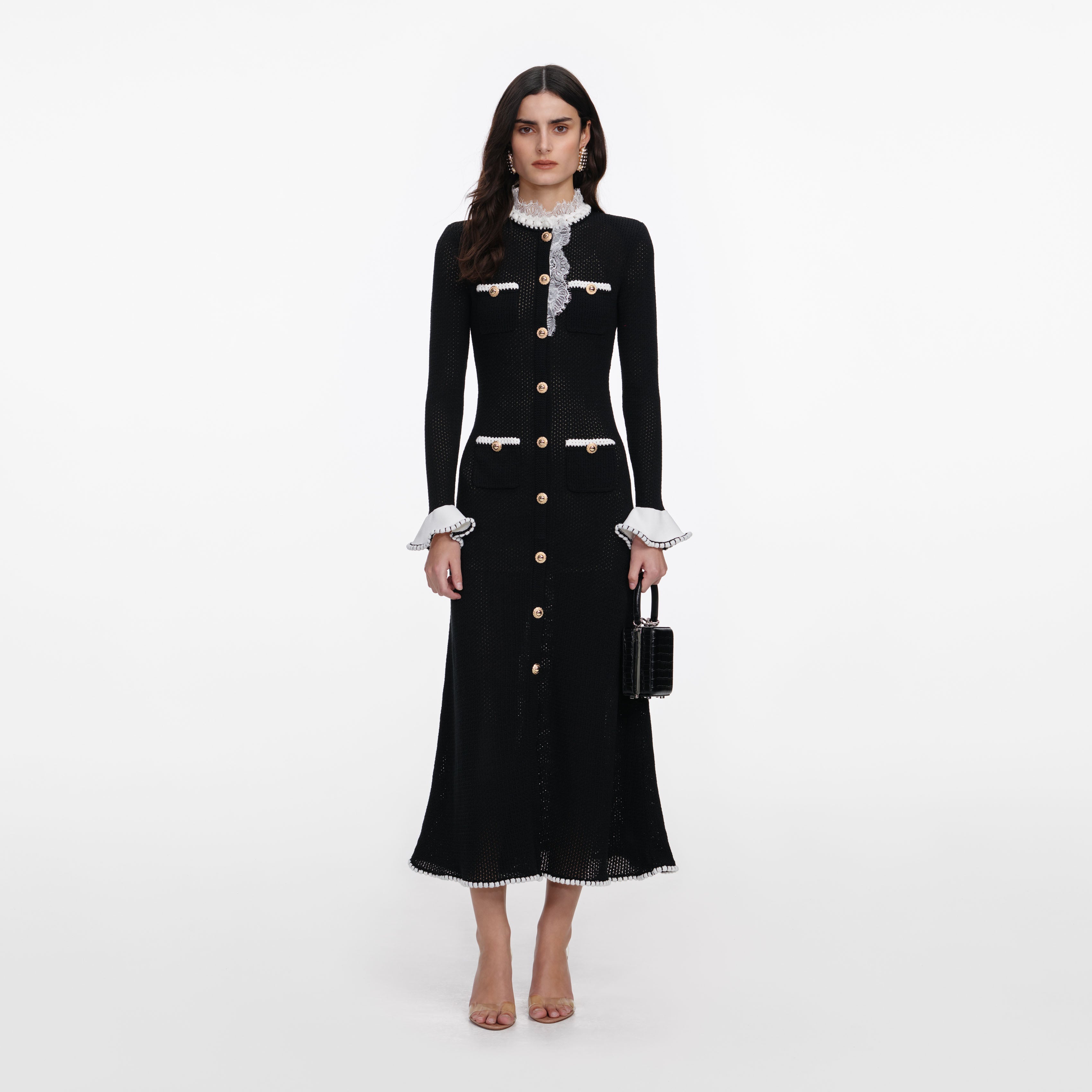 Black Lace Insert Peplum Knit Midi Dress – self-portrait-EU