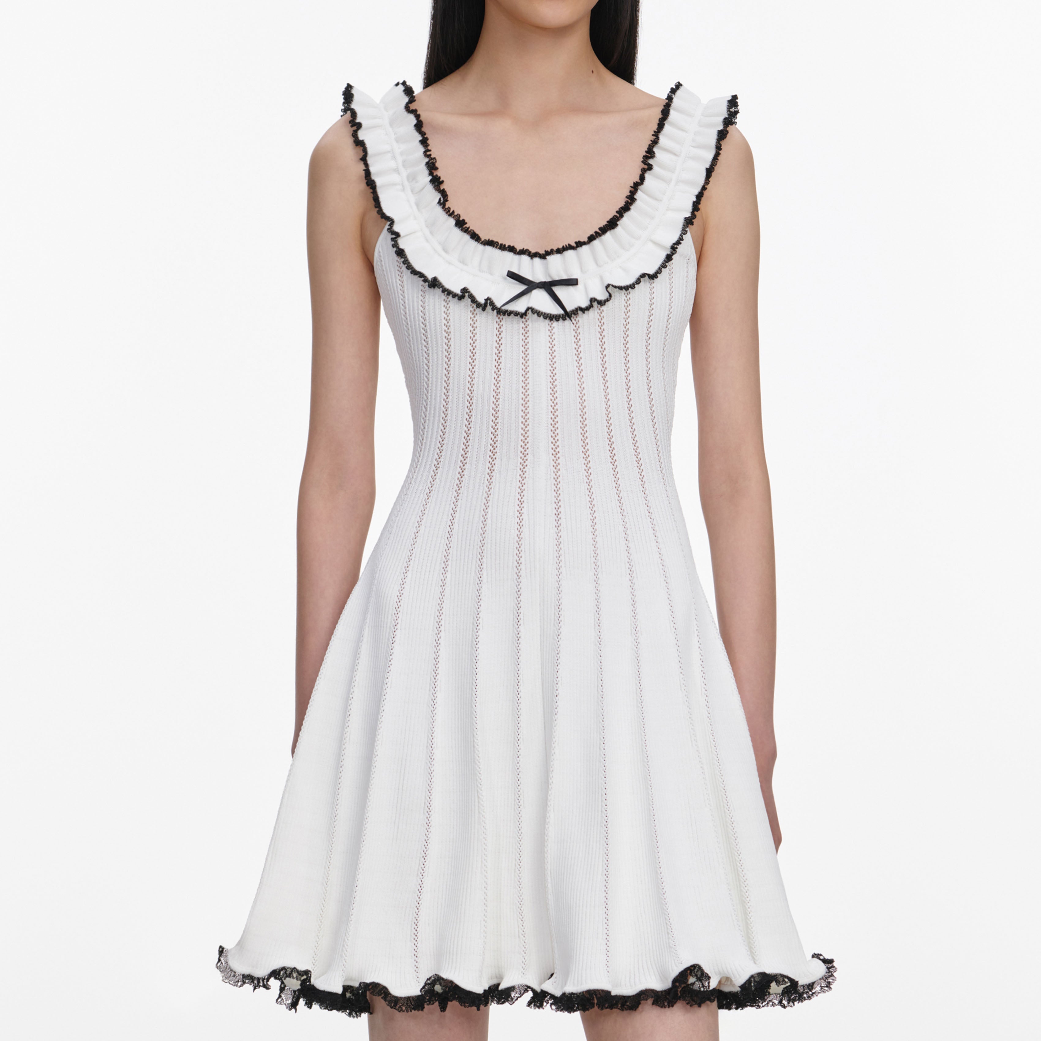 White Contrast Trim Knit Mini Dress