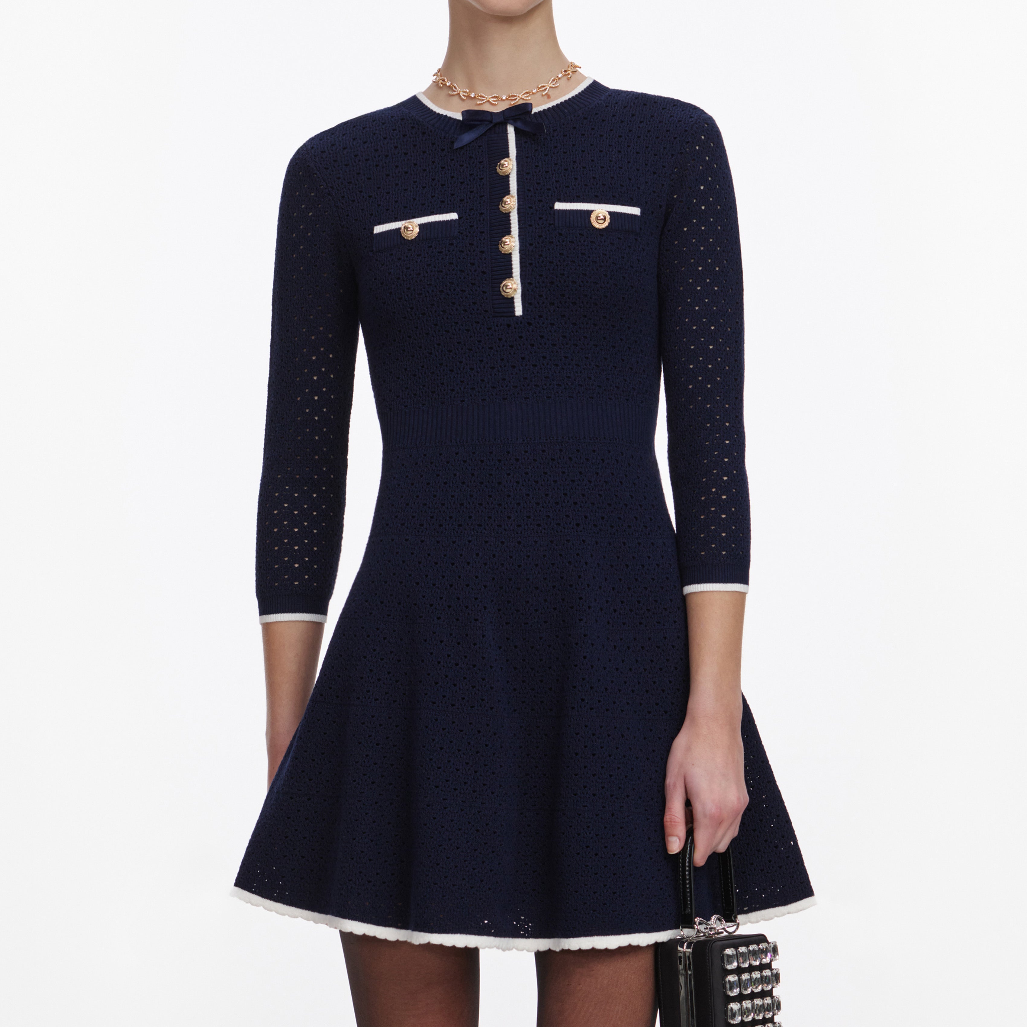 Navy Bow Knit Mini Dress