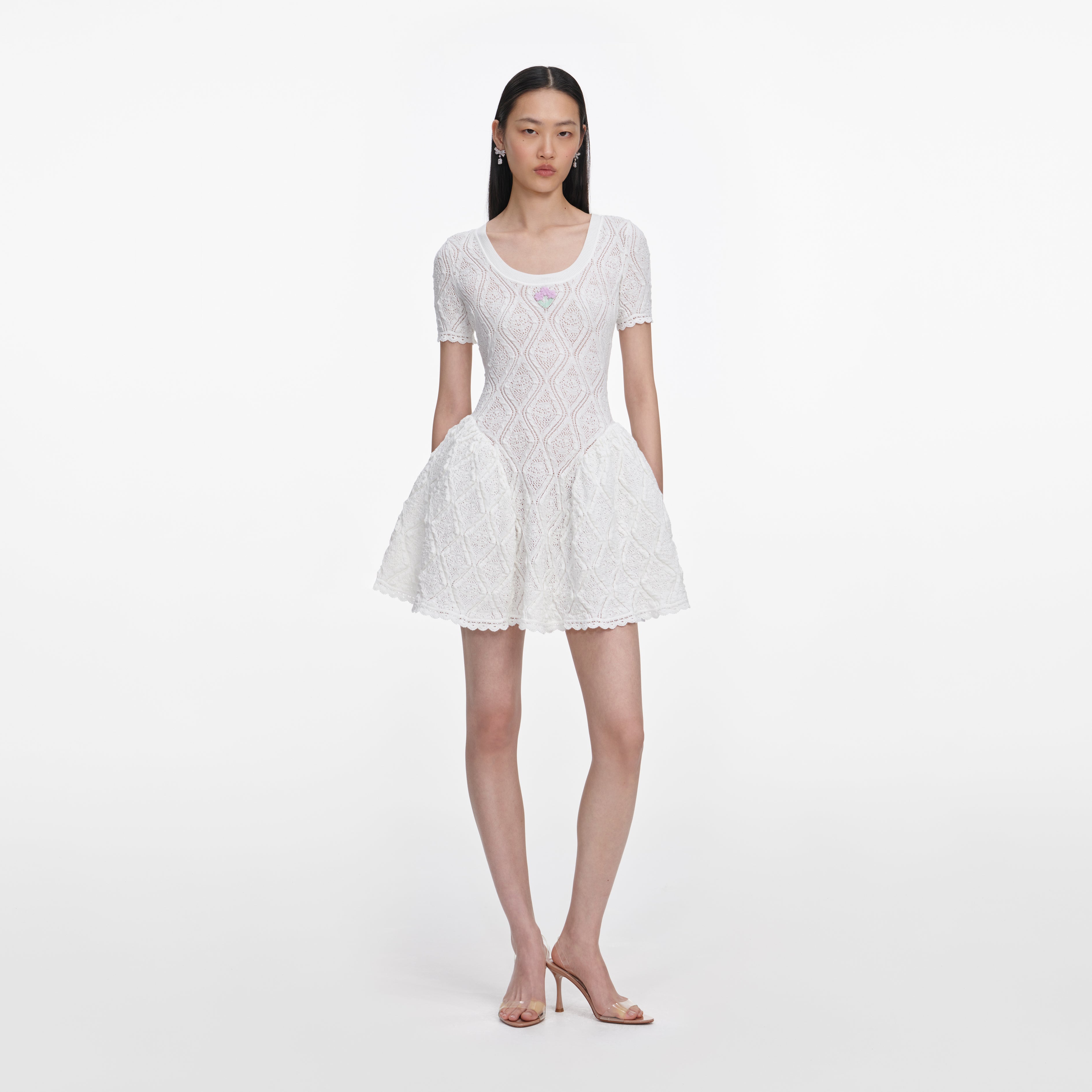 White Pointelle Knit Flared Mini Dress