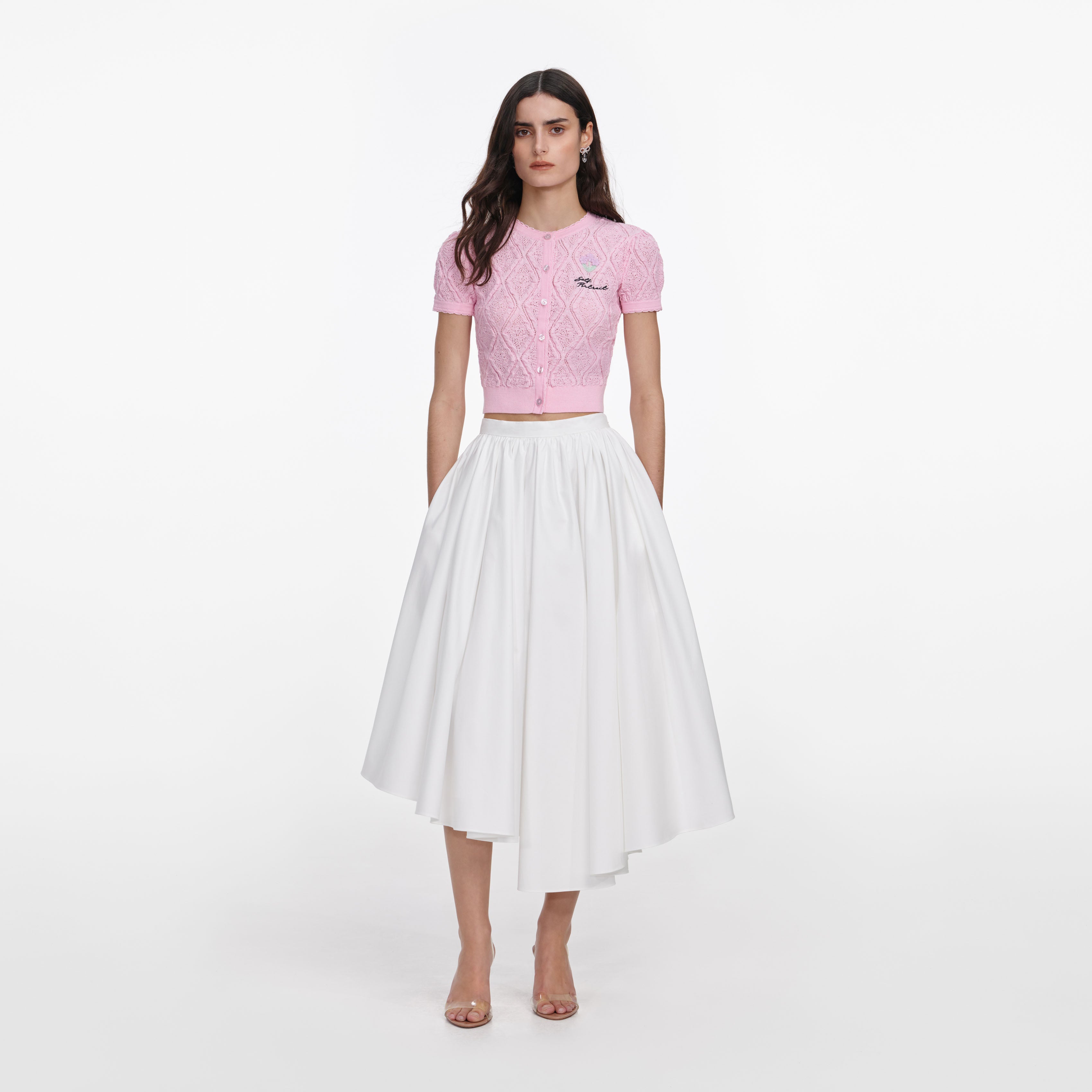 トップス JILTU petit frill knit(white/pink) Off-The-Shoulder Cable Knit Ribbon Lace-Up Sweater Top Sugar
