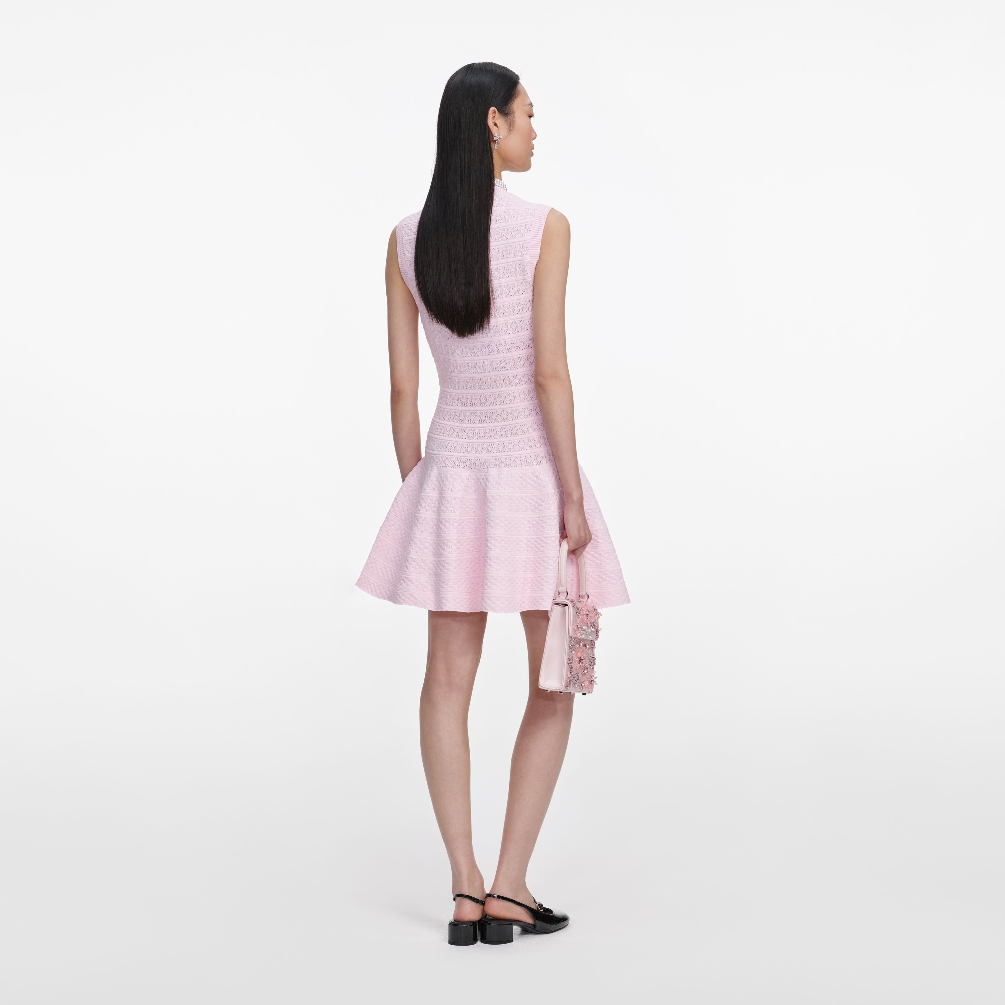 Pink Pointelle Diamante Knit Mini Dress – self-portrait-EU