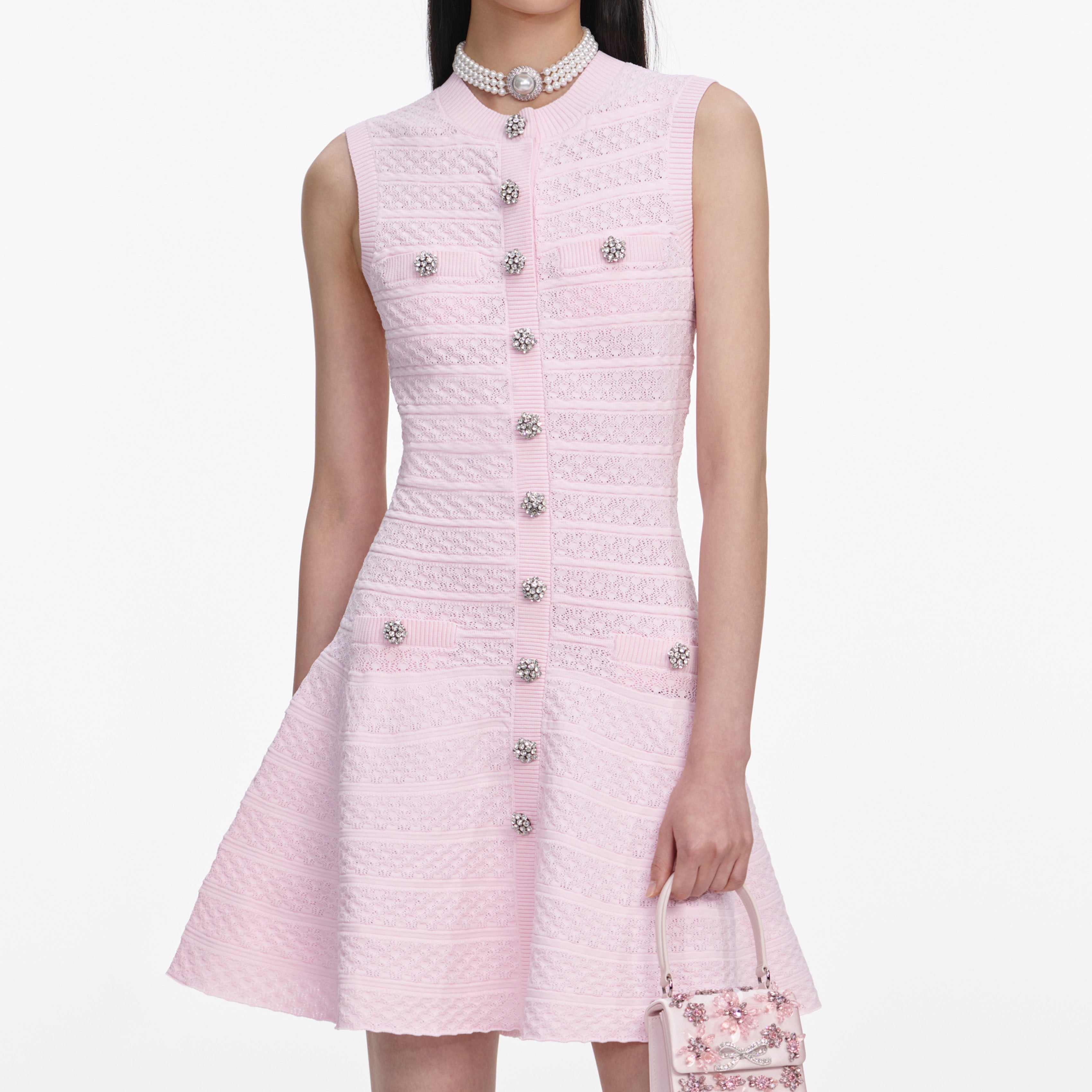 Pink Pointelle Diamante Knit Mini Dress