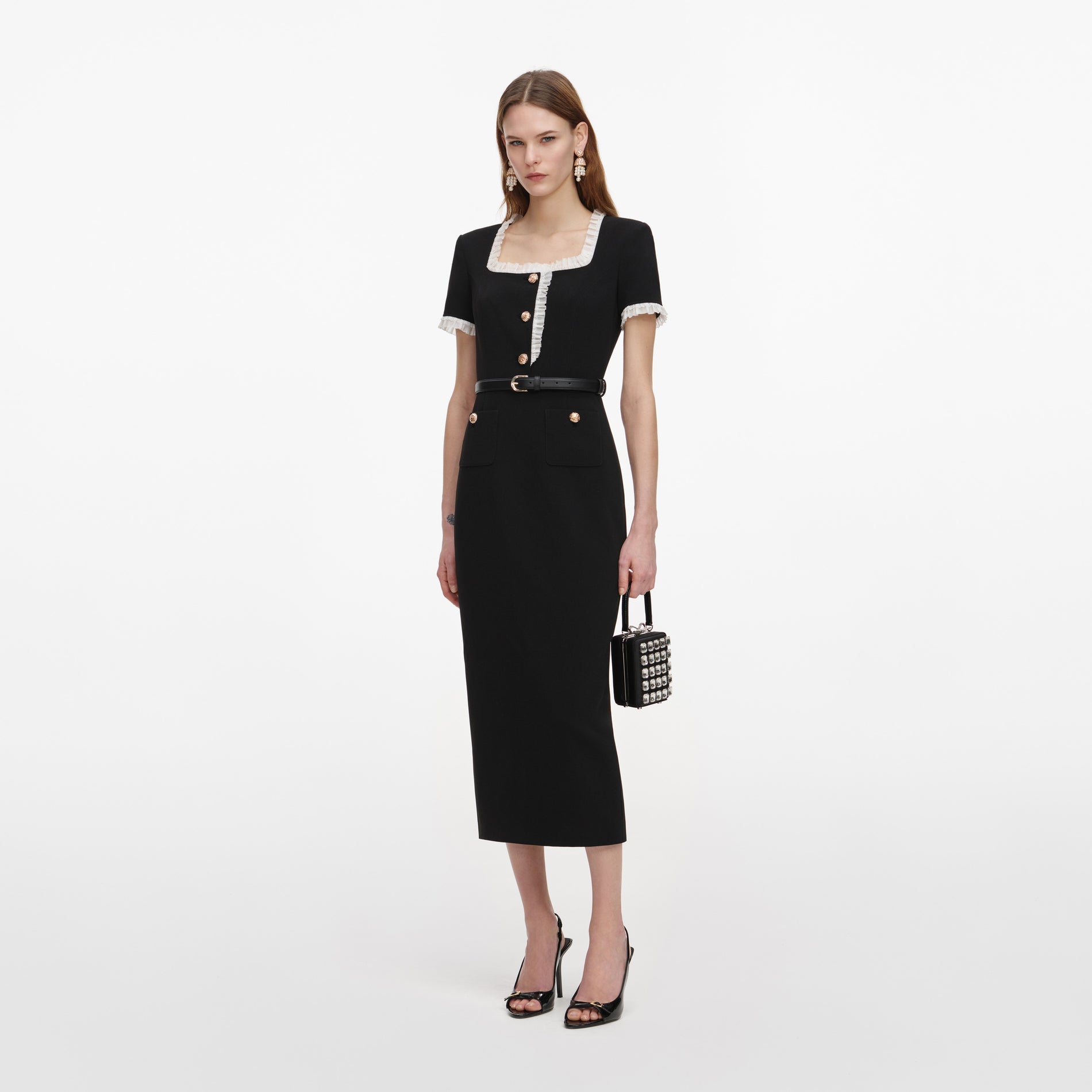 Black Crepe Contrast Frill Midi Dress