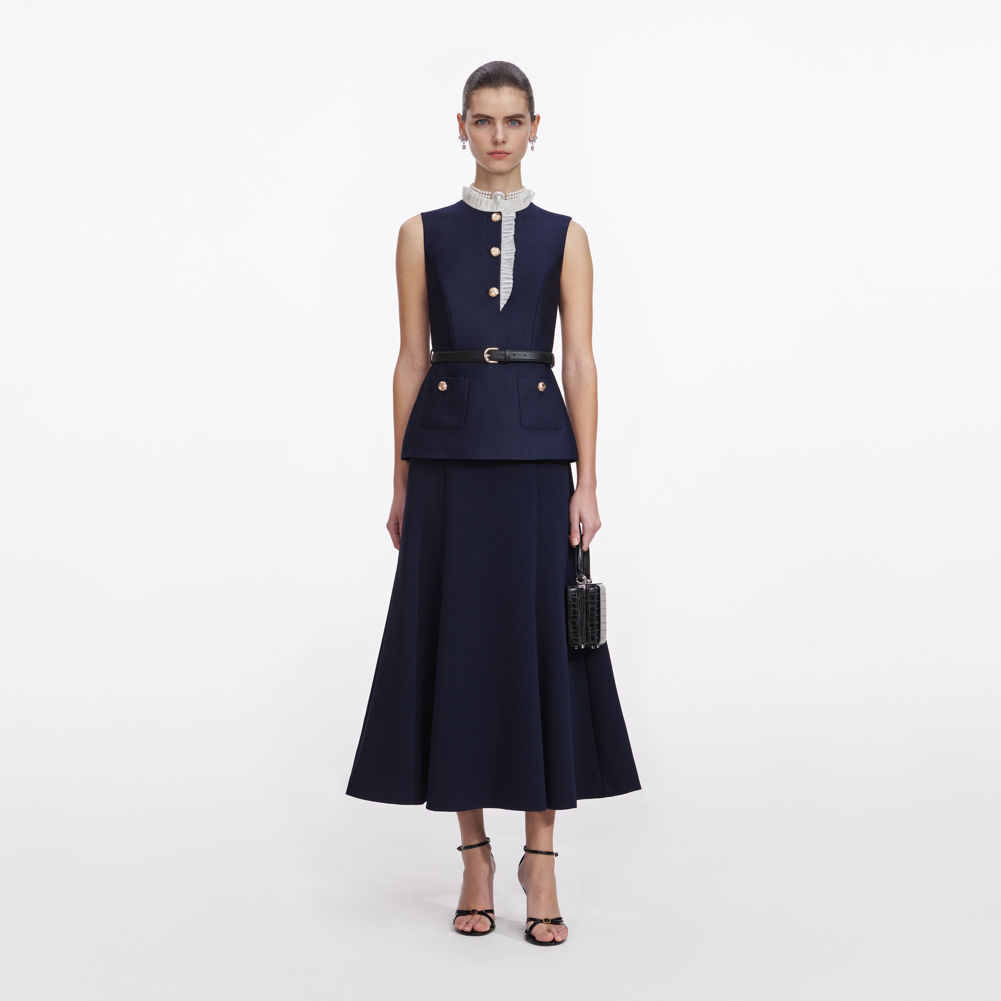 Navy Taffeta Contrast Frill Midi Dress