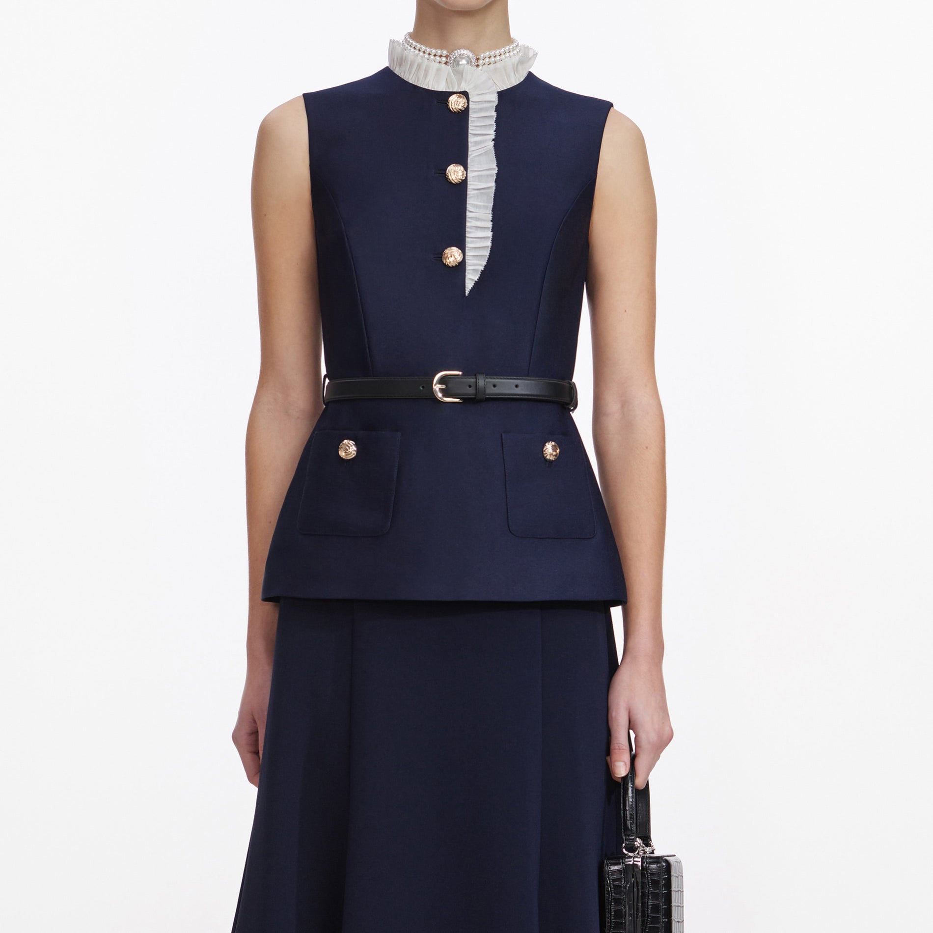 A close up of a woman wearing the Navy Taffeta Contrast Frill Midi Dress