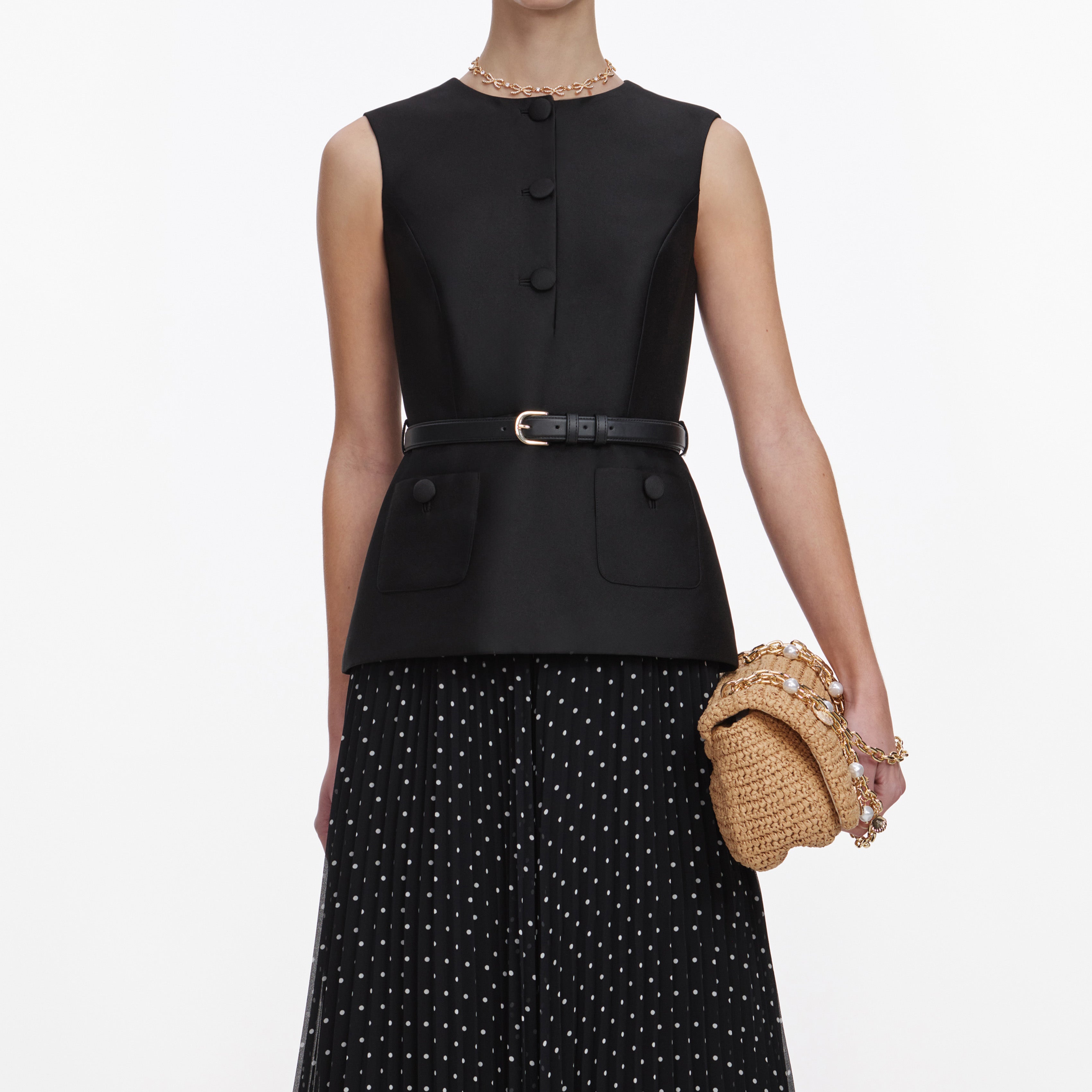 Black Taffeta Polka Dot Midi Dress