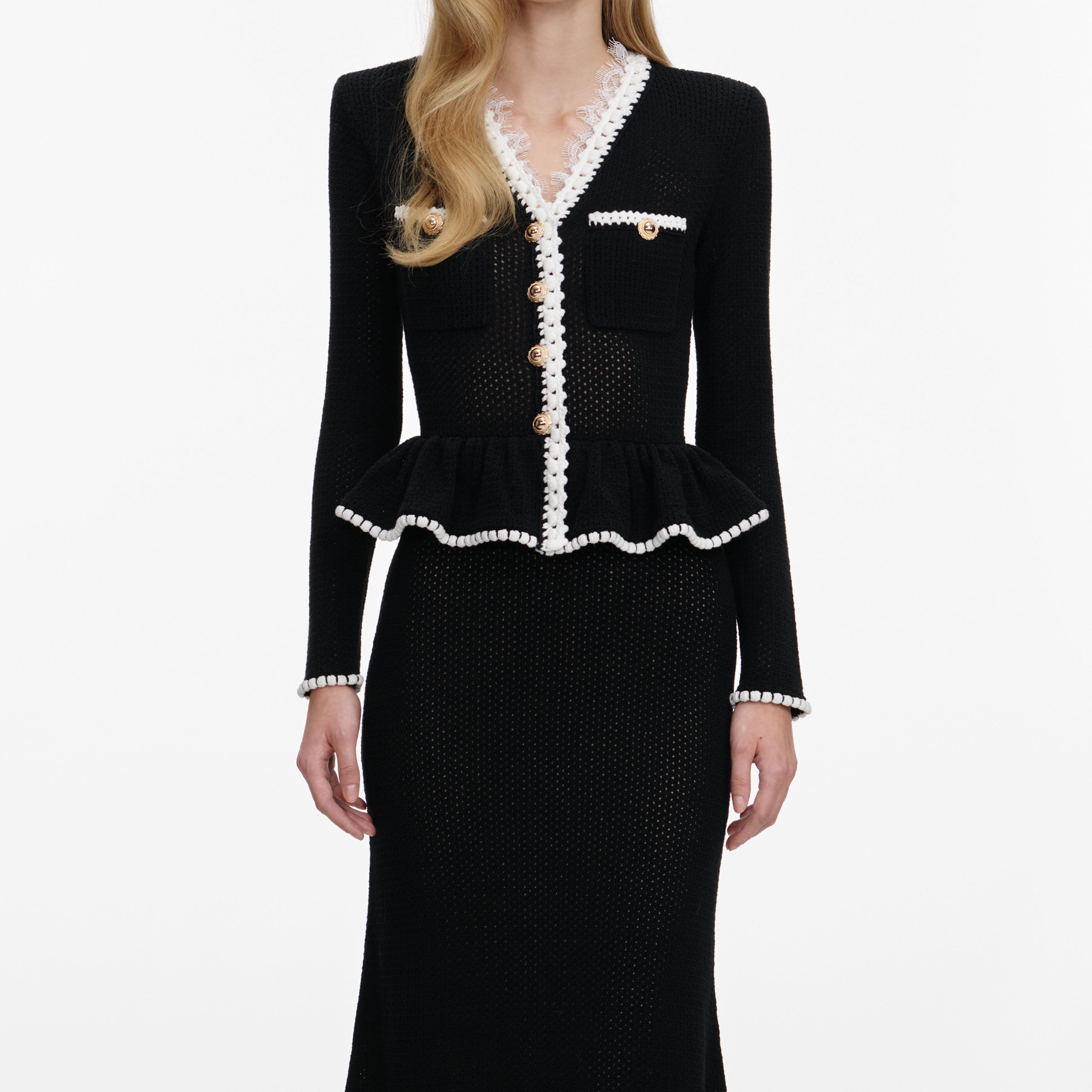 Black Lace Insert Peplum Knit Midi Dress – self-portrait-EU