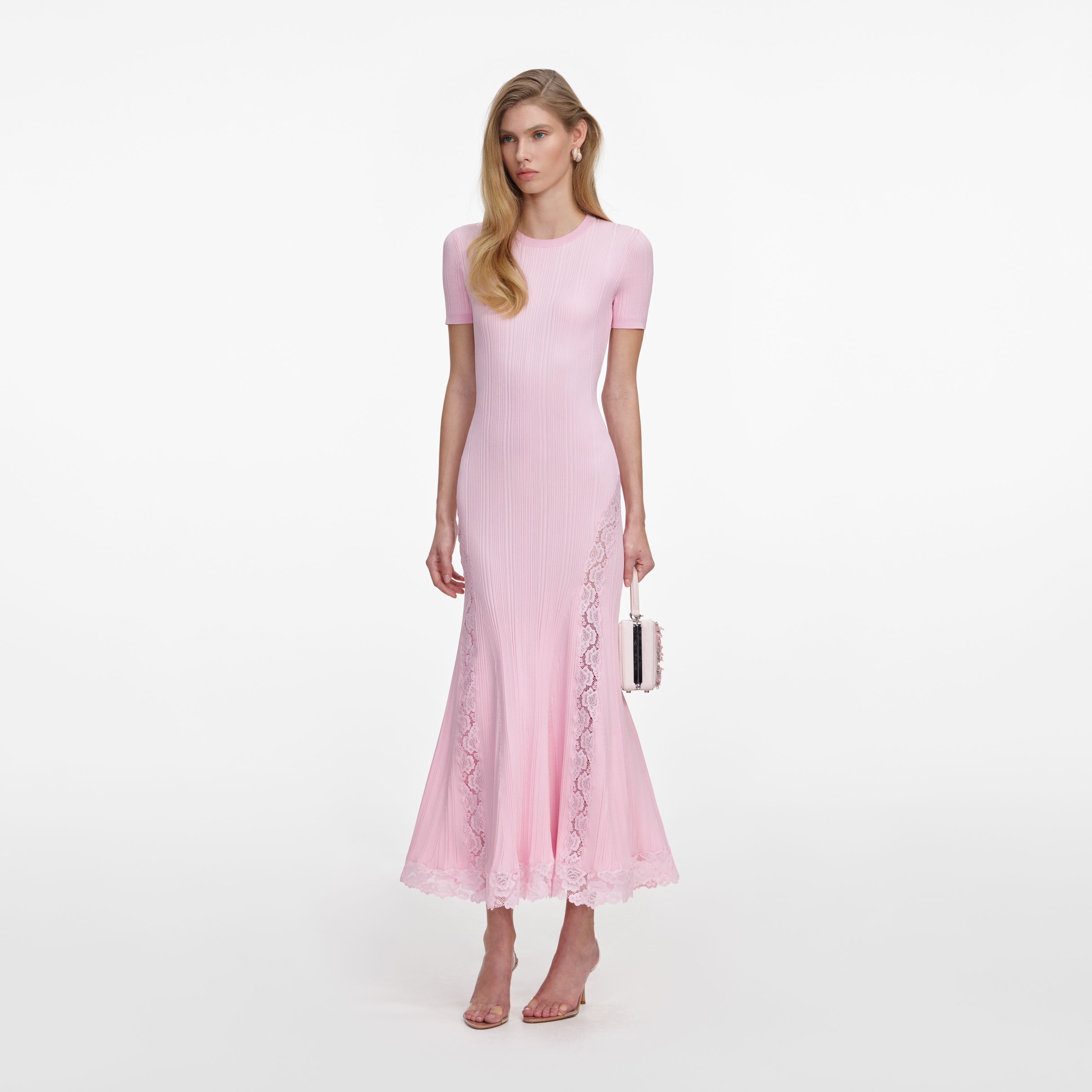 Pink Knit Lace Insert Midi Dress
