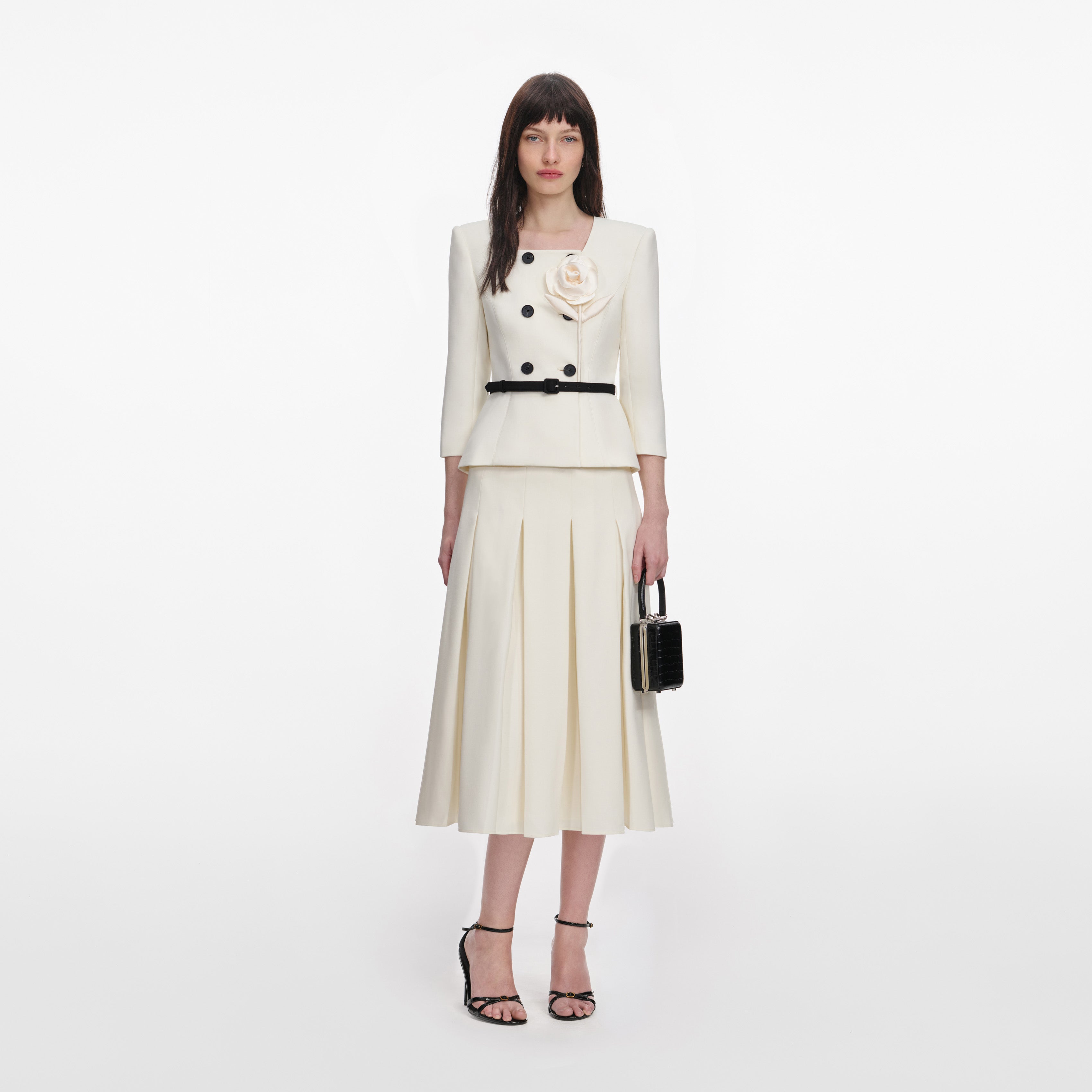 Cream 3D Flower Tailored Midi Dress