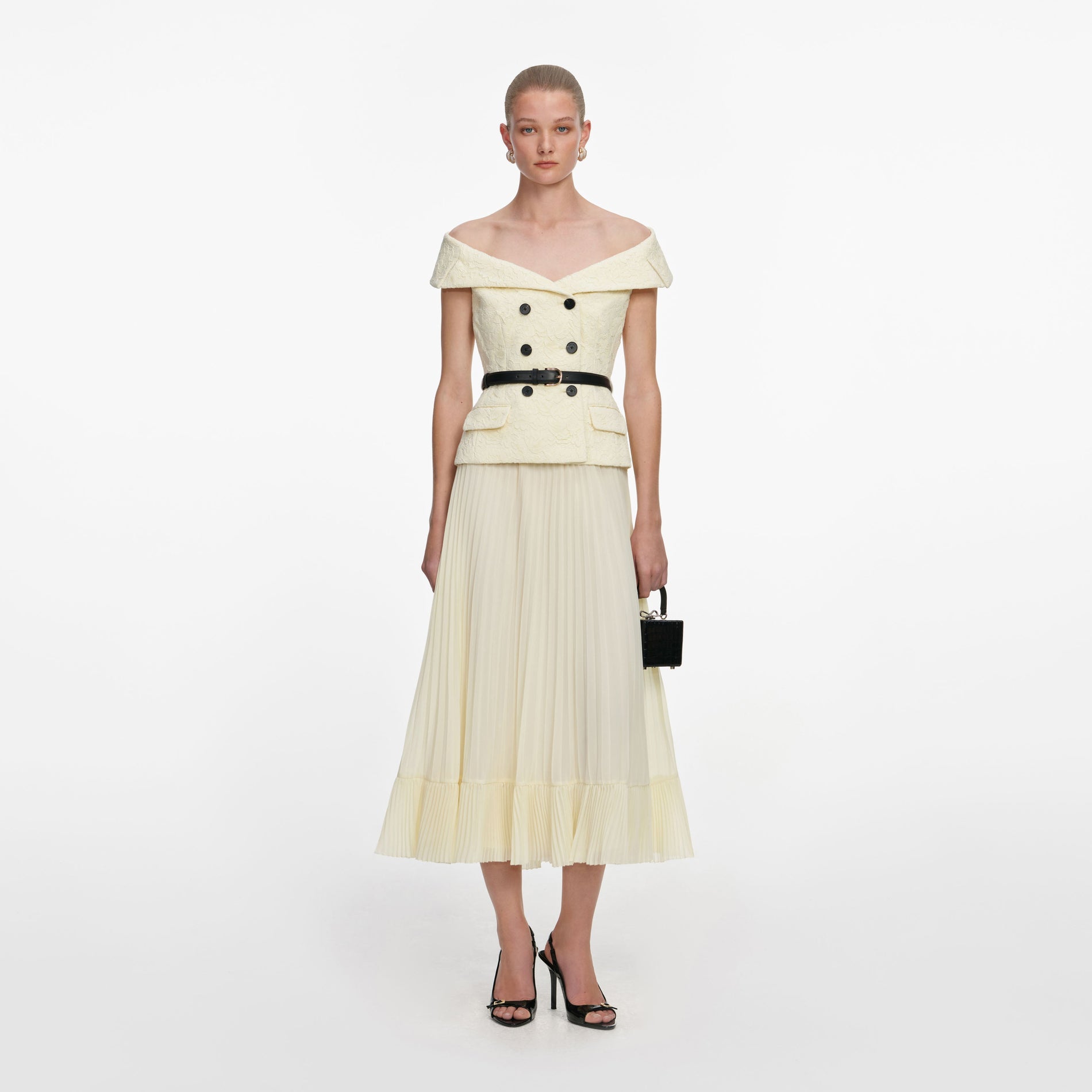 Front view of a woman wearing the Yellow Lace Chiffon Midi Dress