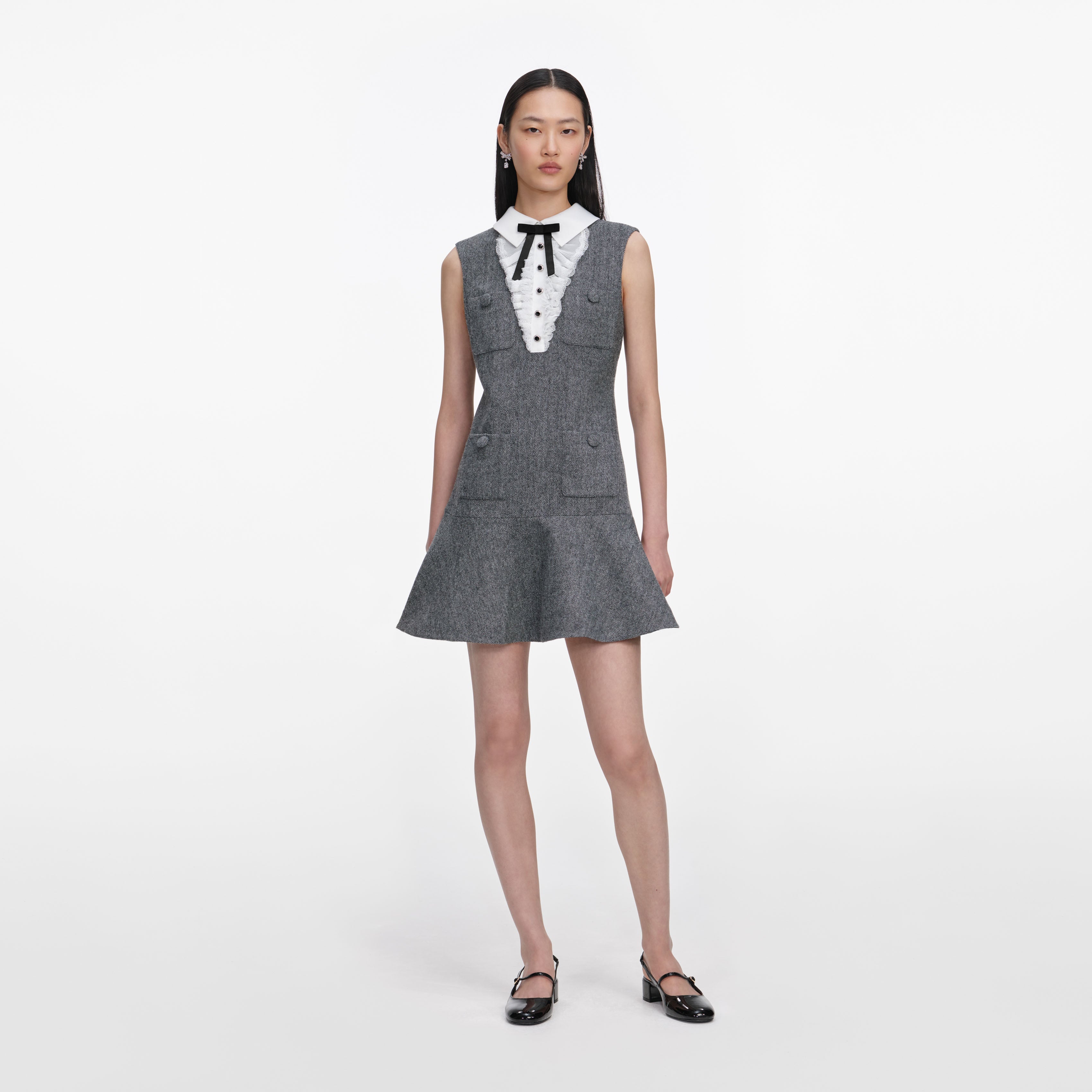 Navy Herringbone Wool Midi Dress – self-portrait-EU