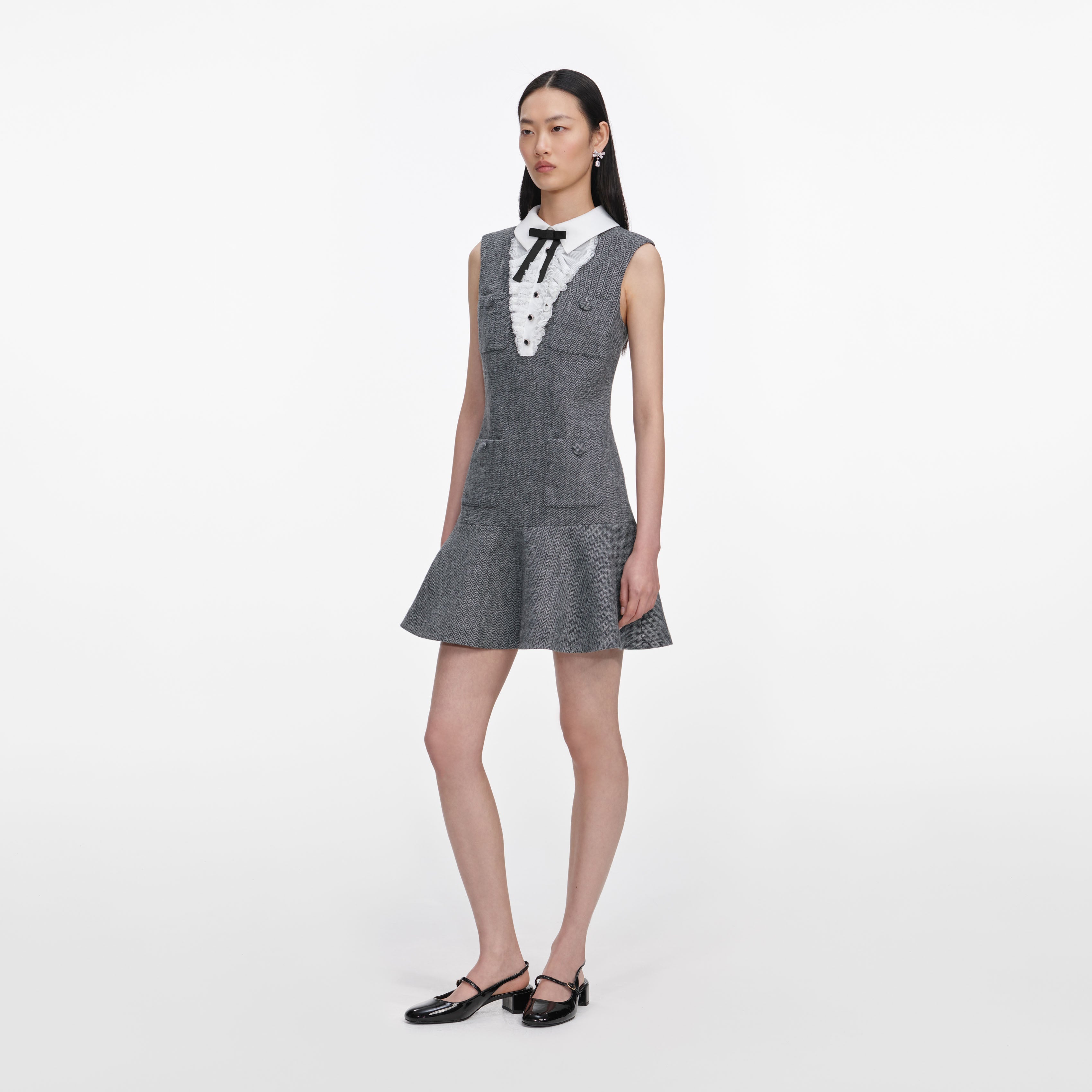 Grey Herringbone Lace Bib Mini Dress – self-portrait-EU