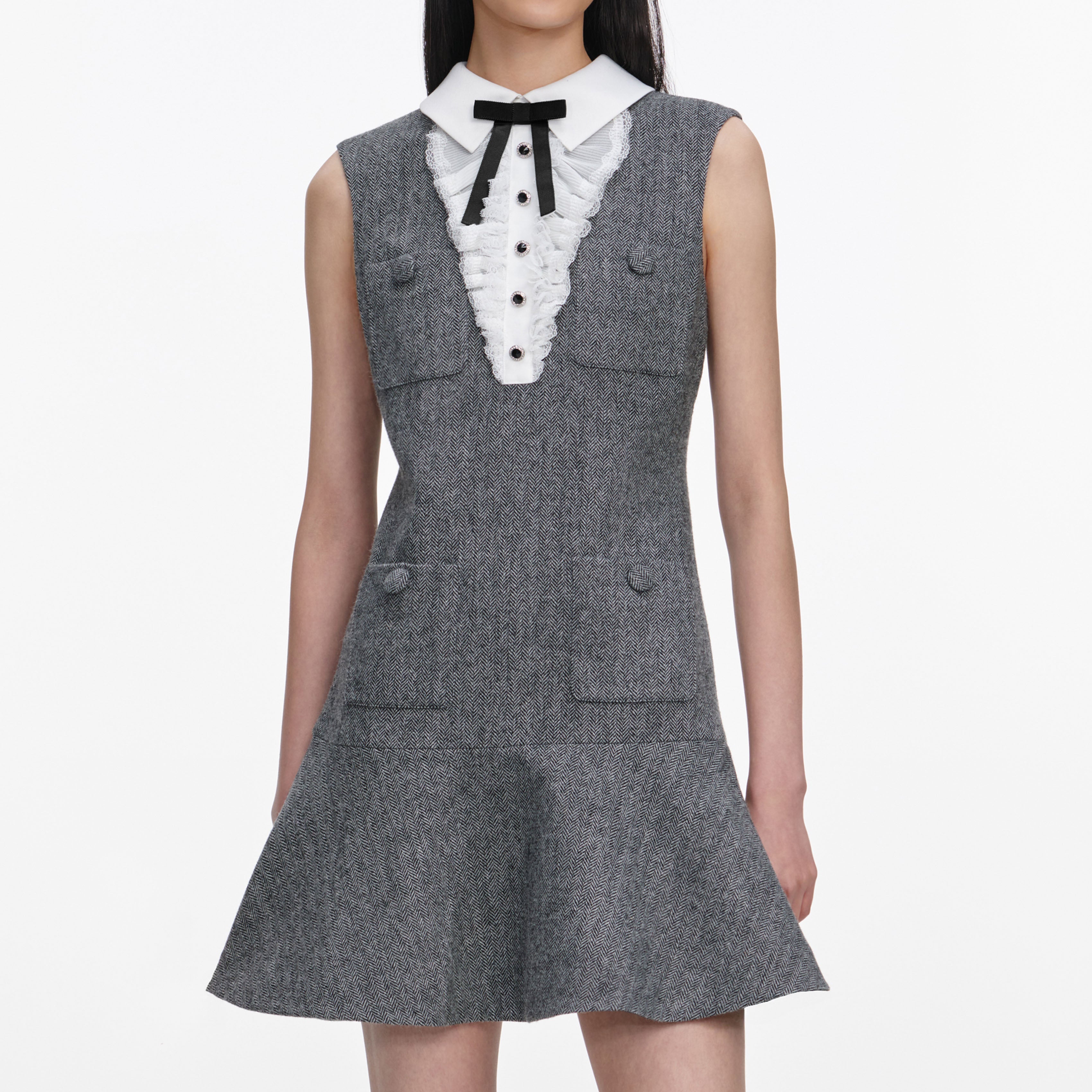 Grey Herringbone Lace Bib Mini Dress – self-portrait-EU