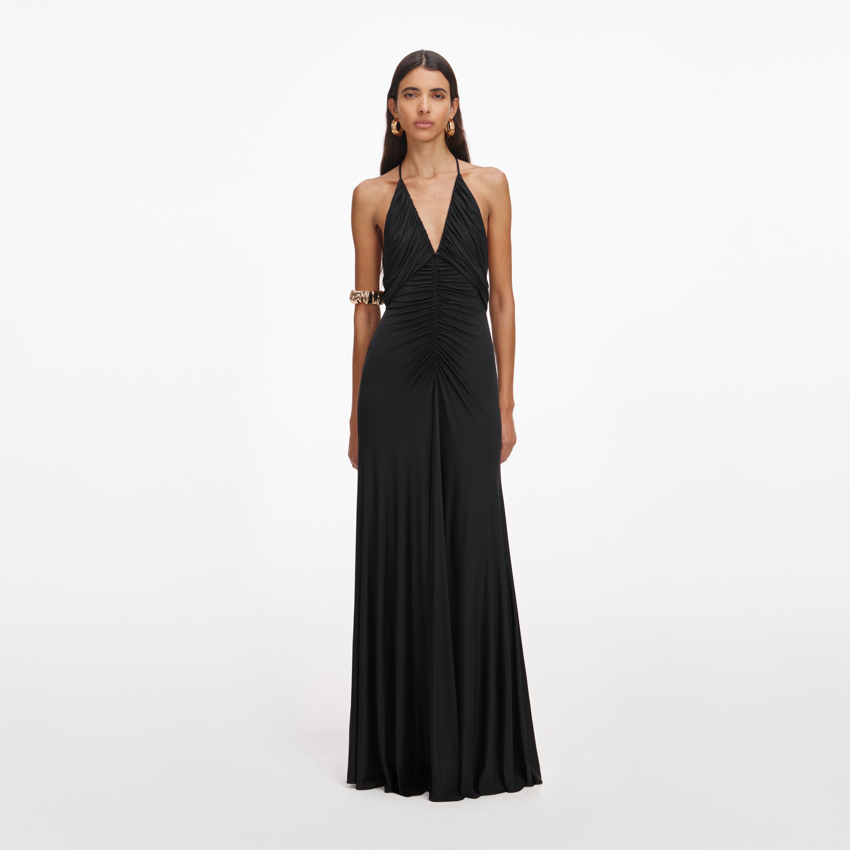 Black Jersey Gathered Maxi Dress