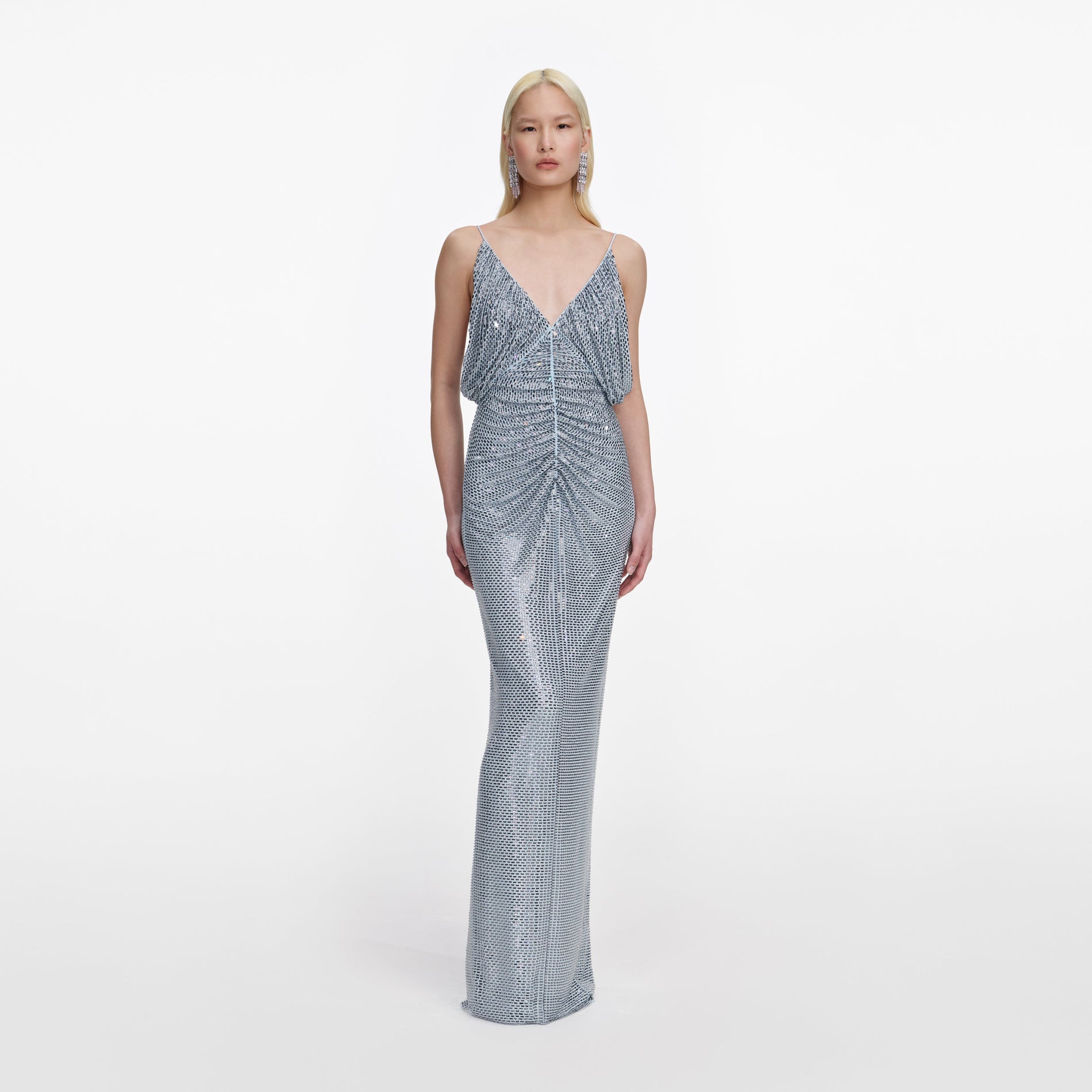 Front view of a woman wearing the Blue Rhinestone Mesh Maxi Dress