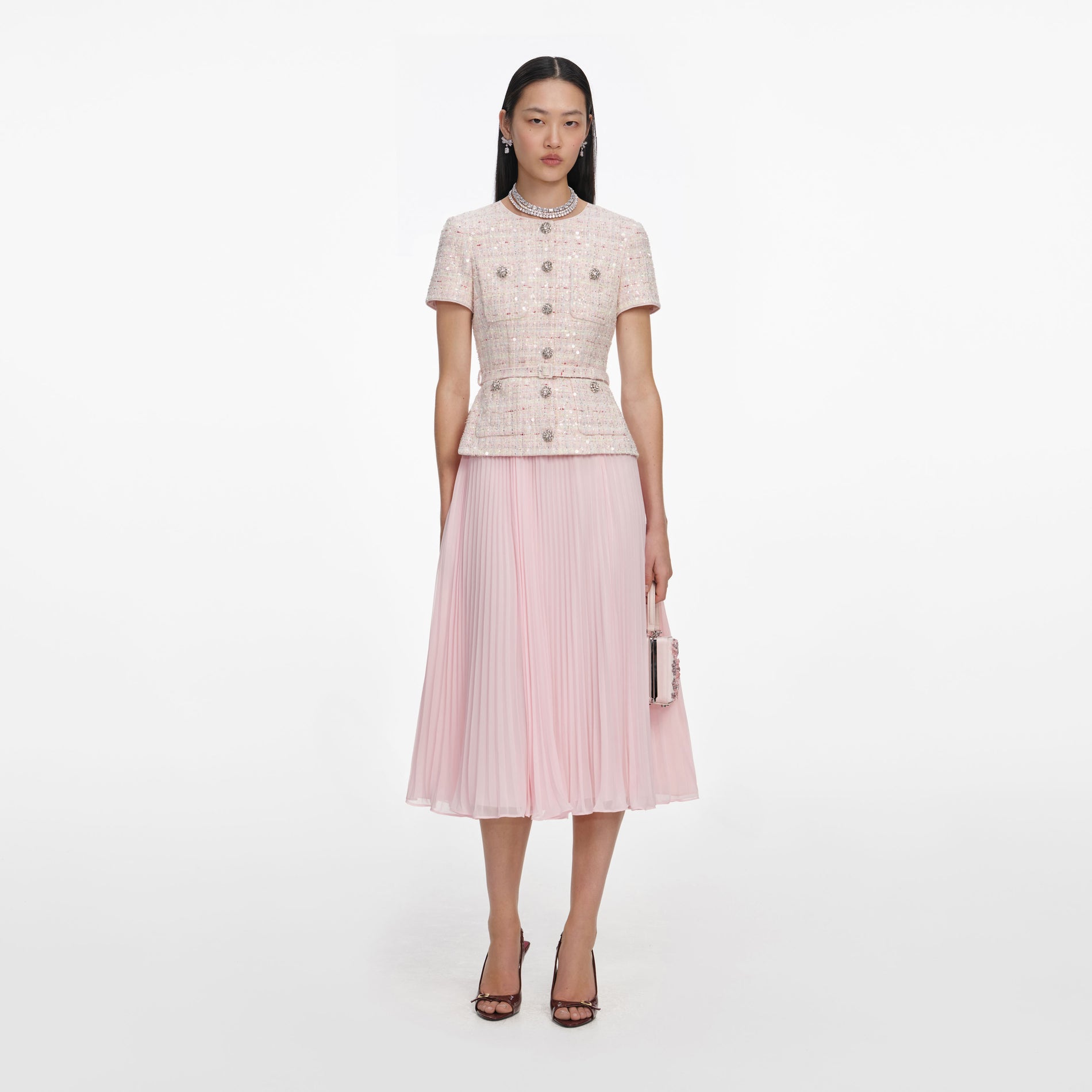 Pink Sequin Boucle Tailored Midi Dress