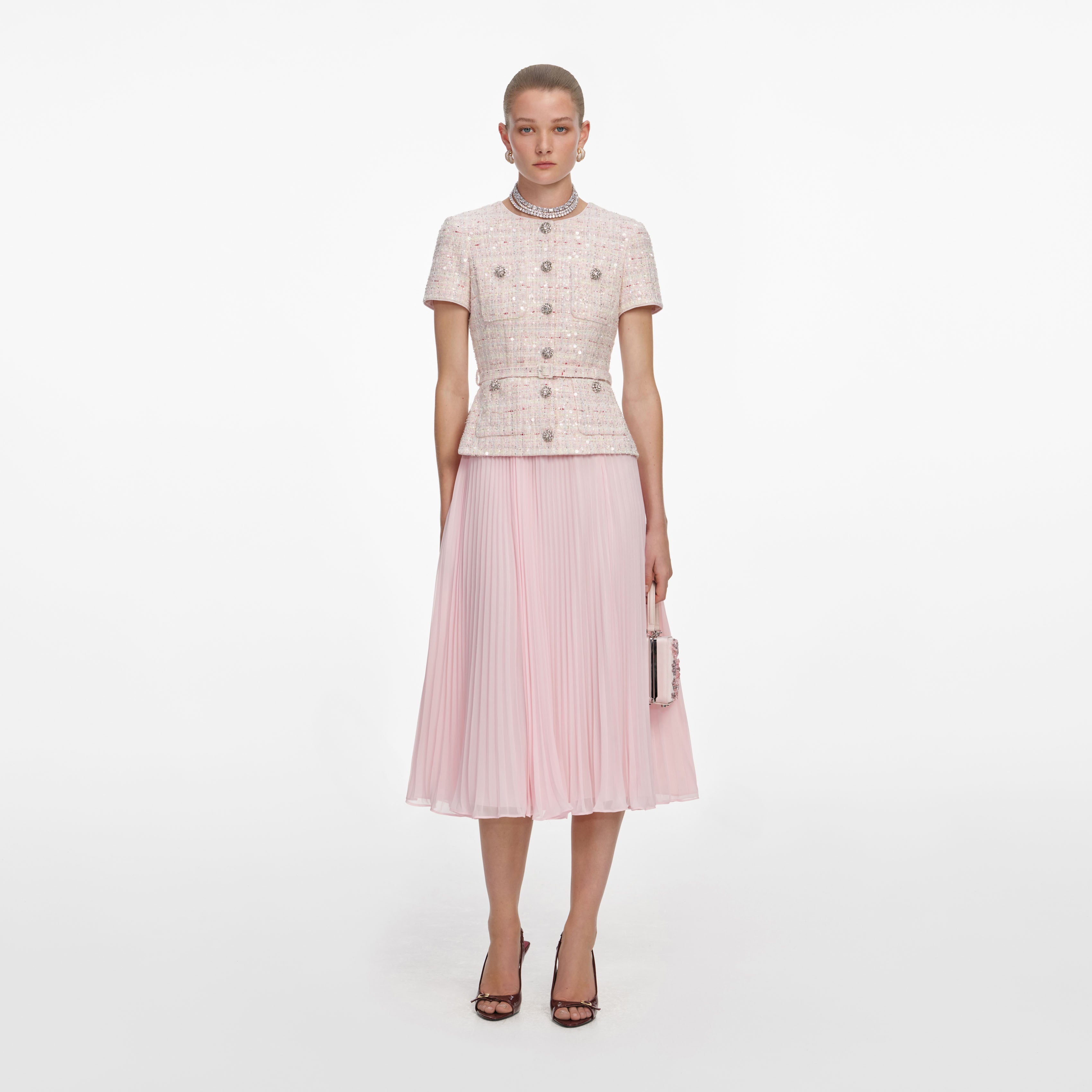 Pink Sequin Boucle Tailored Midi Dress