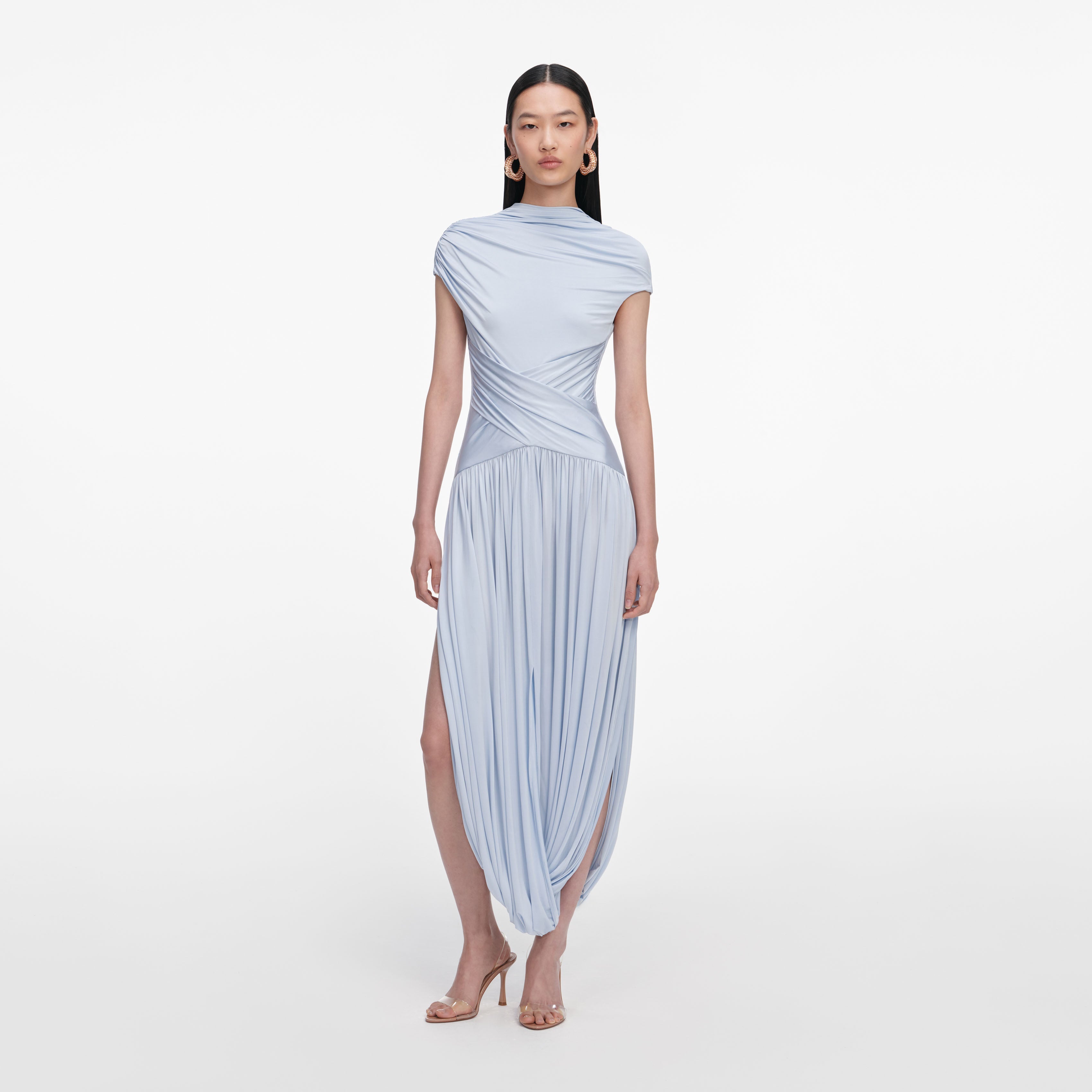 Blue Jersey Gathered Midi Dress