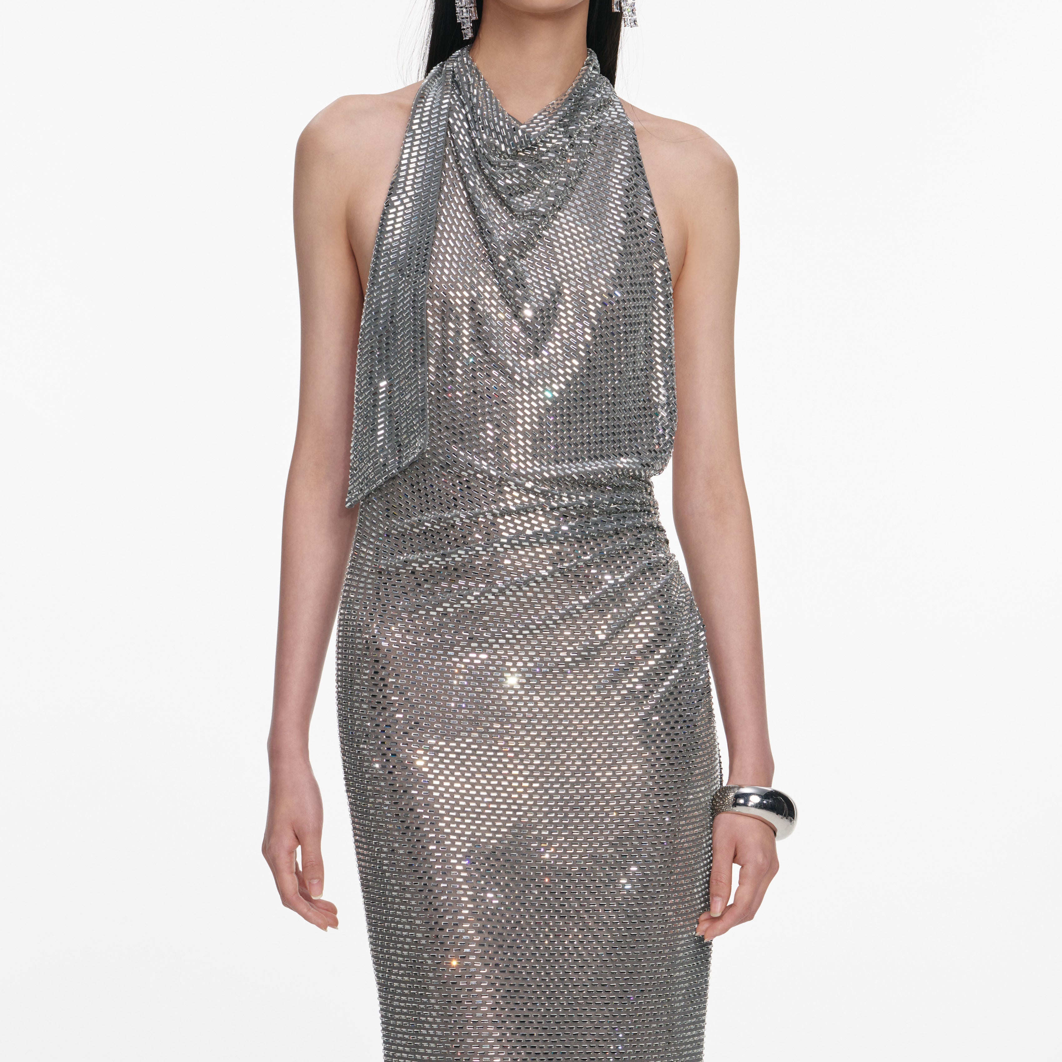 Grey Rhinestone Drape Maxi Dress