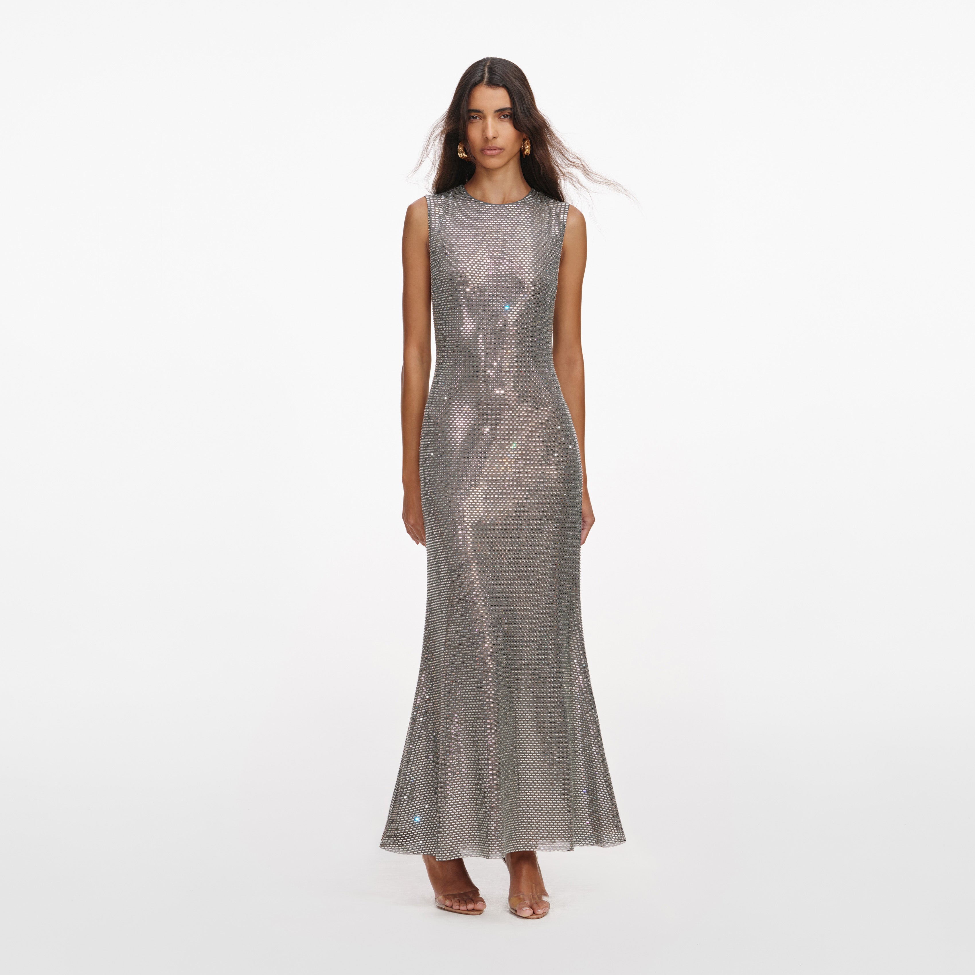 Grey Rhinestone Mesh Midi Dress