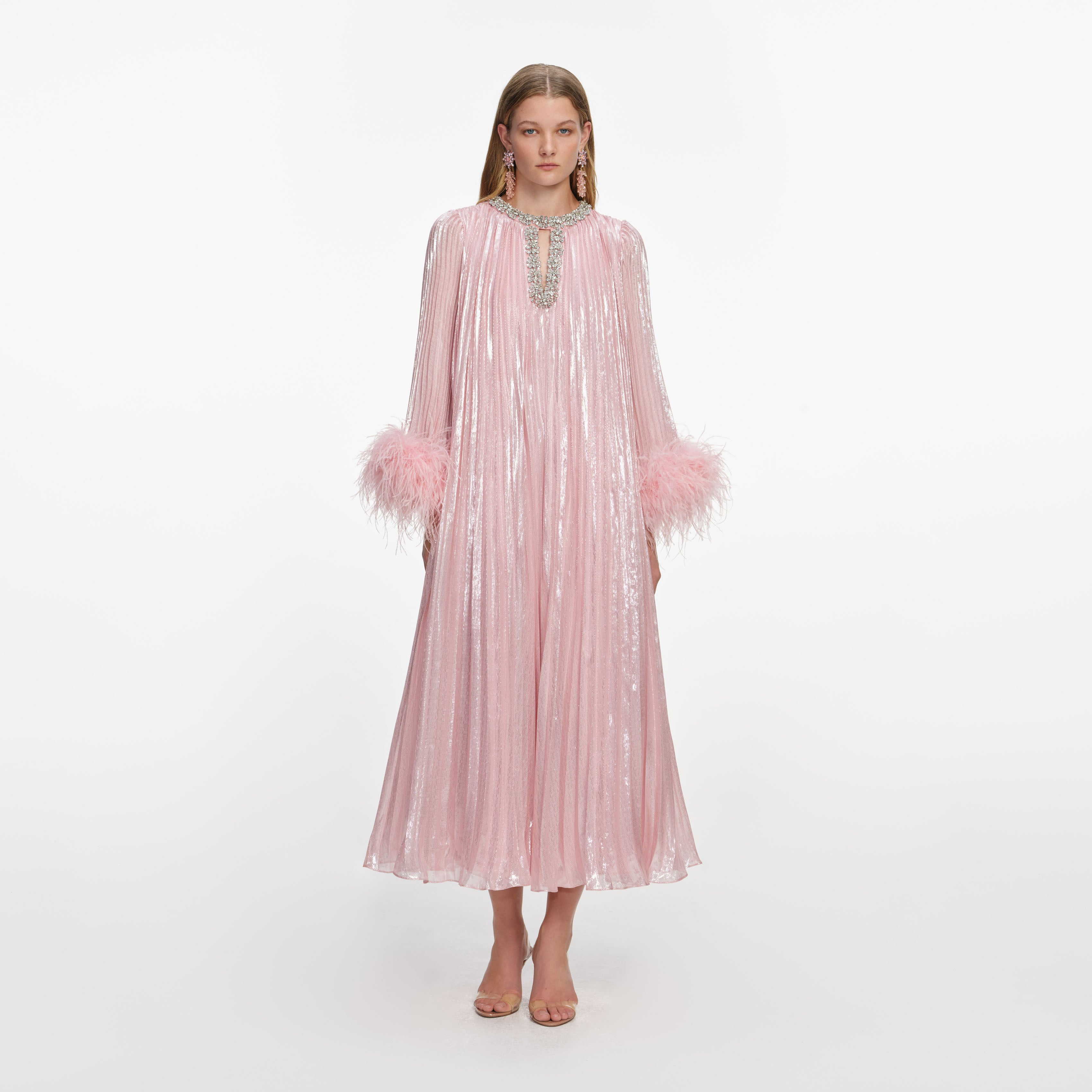 Pink Metallic Chiffon Feather Midi Dress