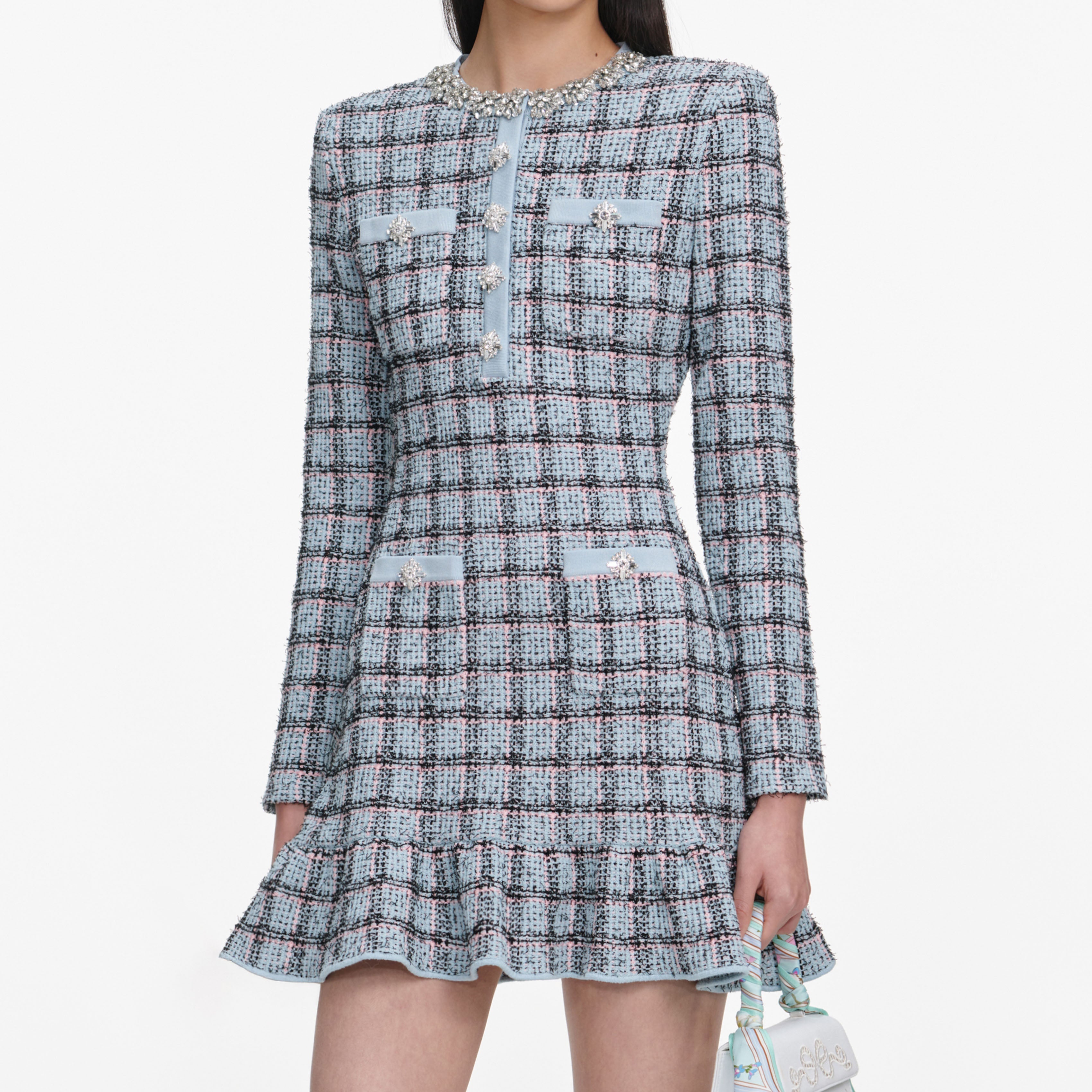 Blue Check Knit Mini Dress – self-portrait-EU