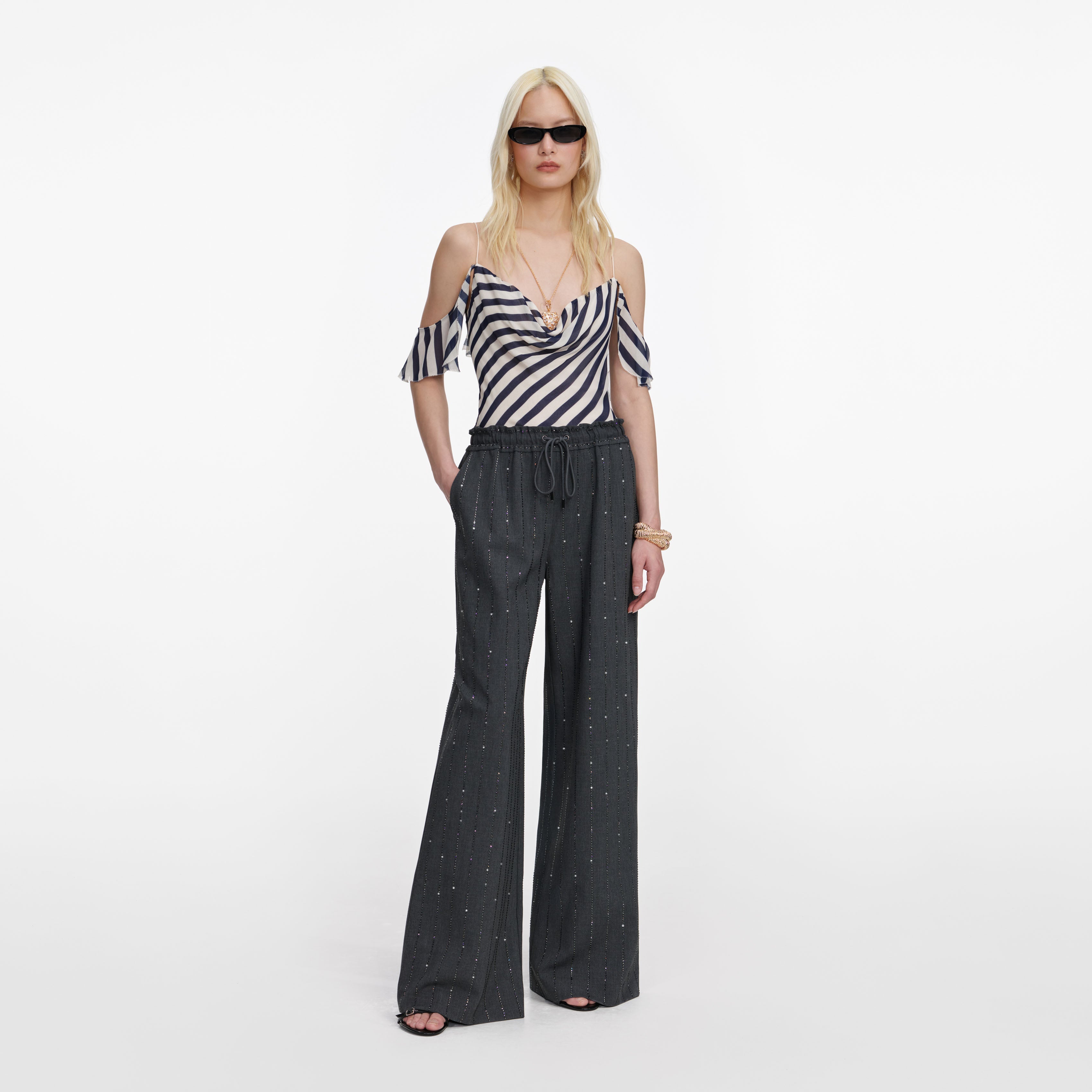 Grey Rhinestone Pinstripe Trousers