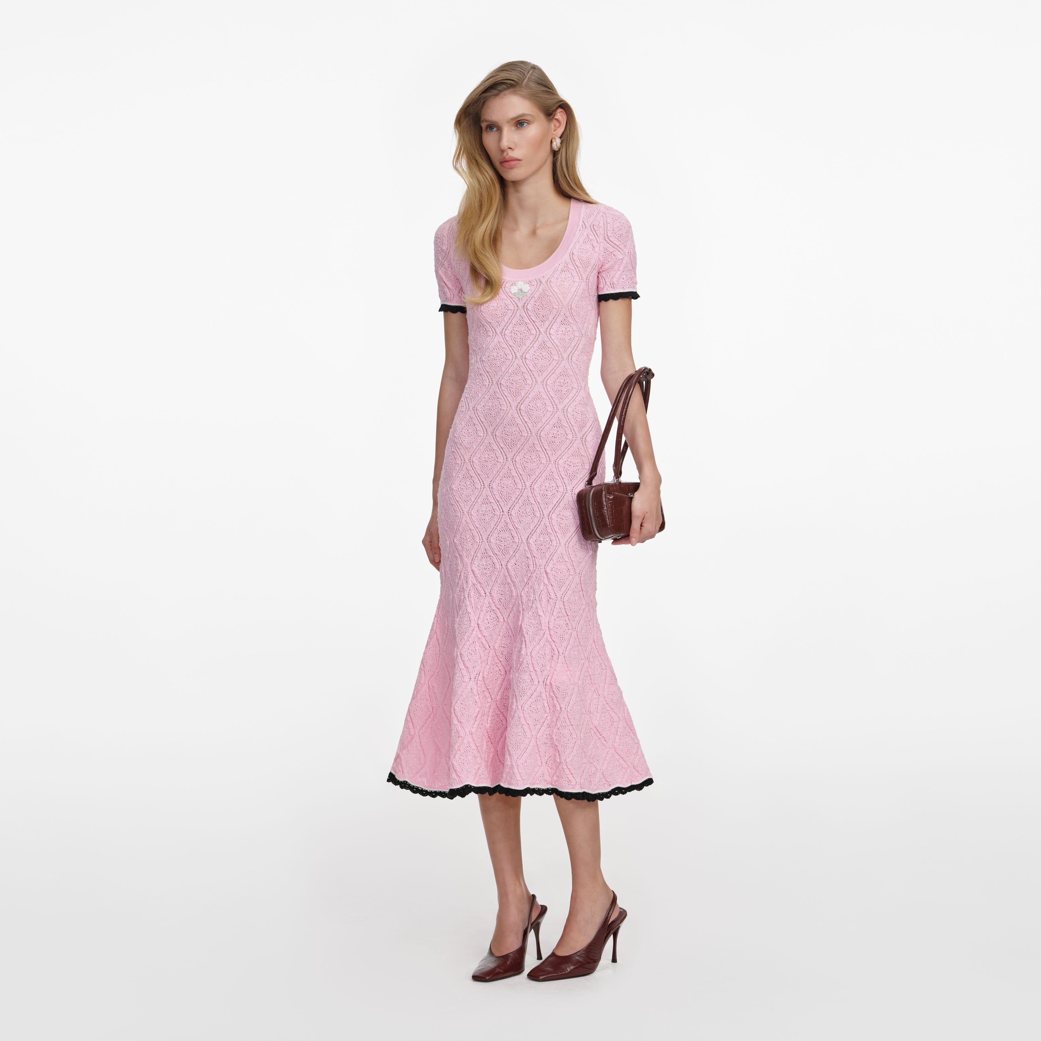 Pink Pointelle Knit Midi Dress