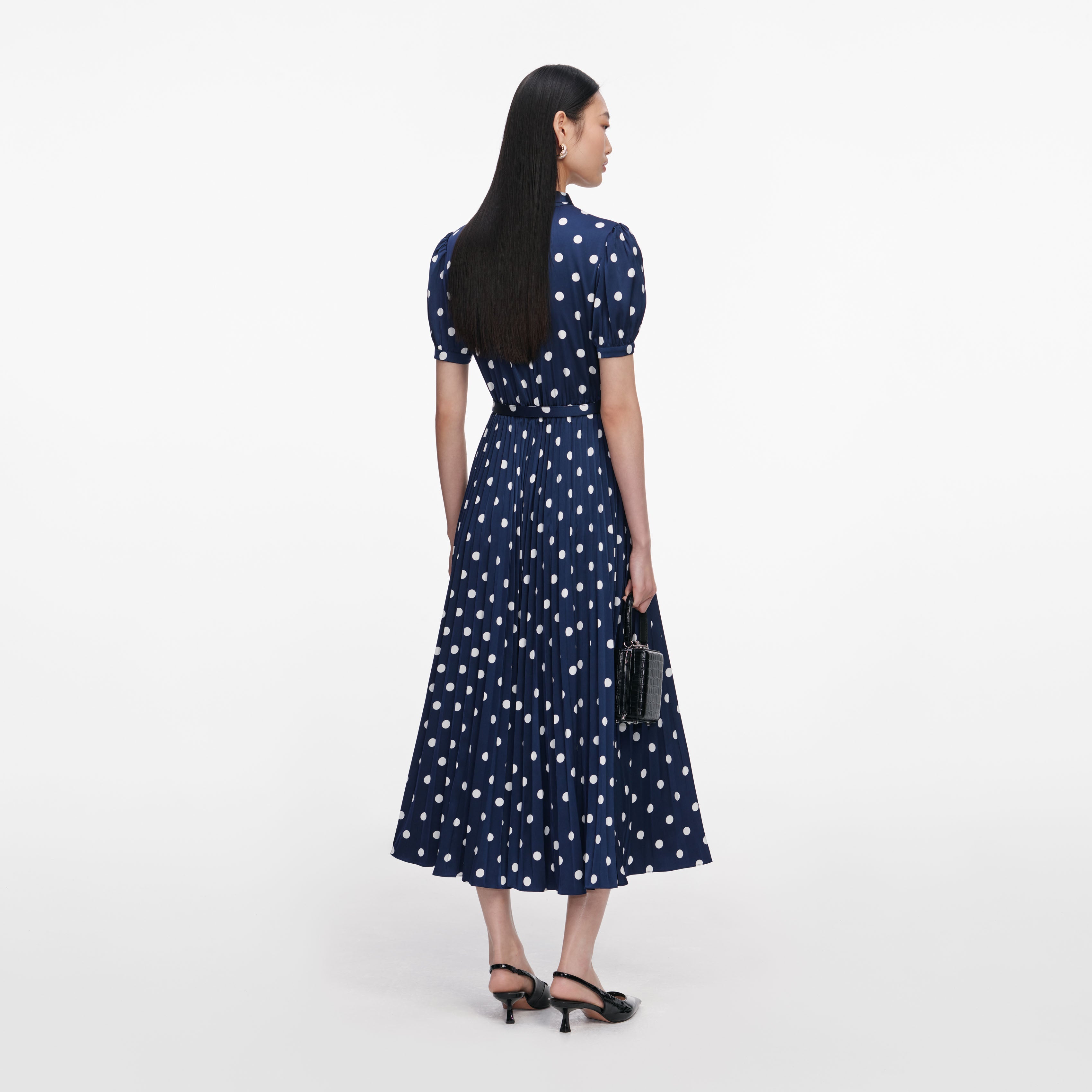 Navy Polka Dot Satin Midi Dress