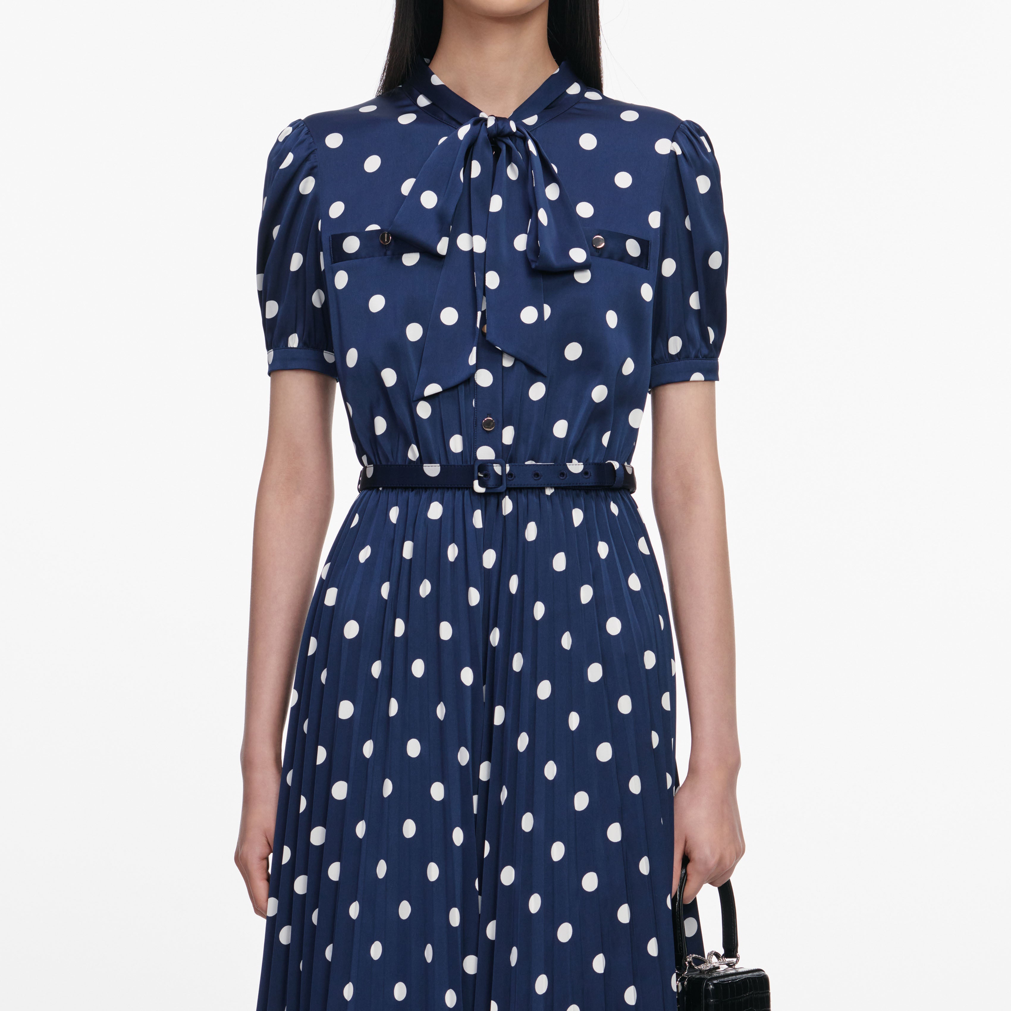 Navy Polka Dot Satin Midi Dress