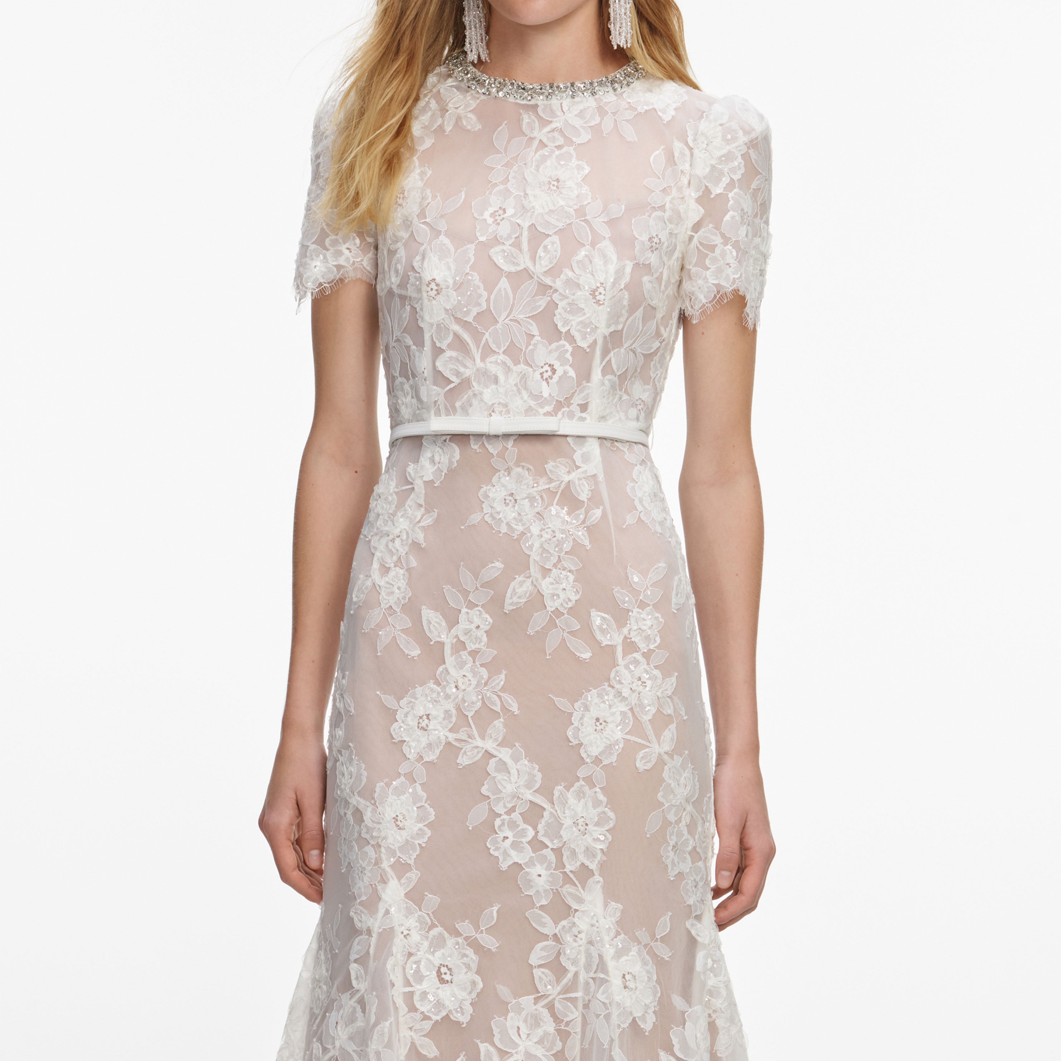 White Sequin Lace Midi Dress