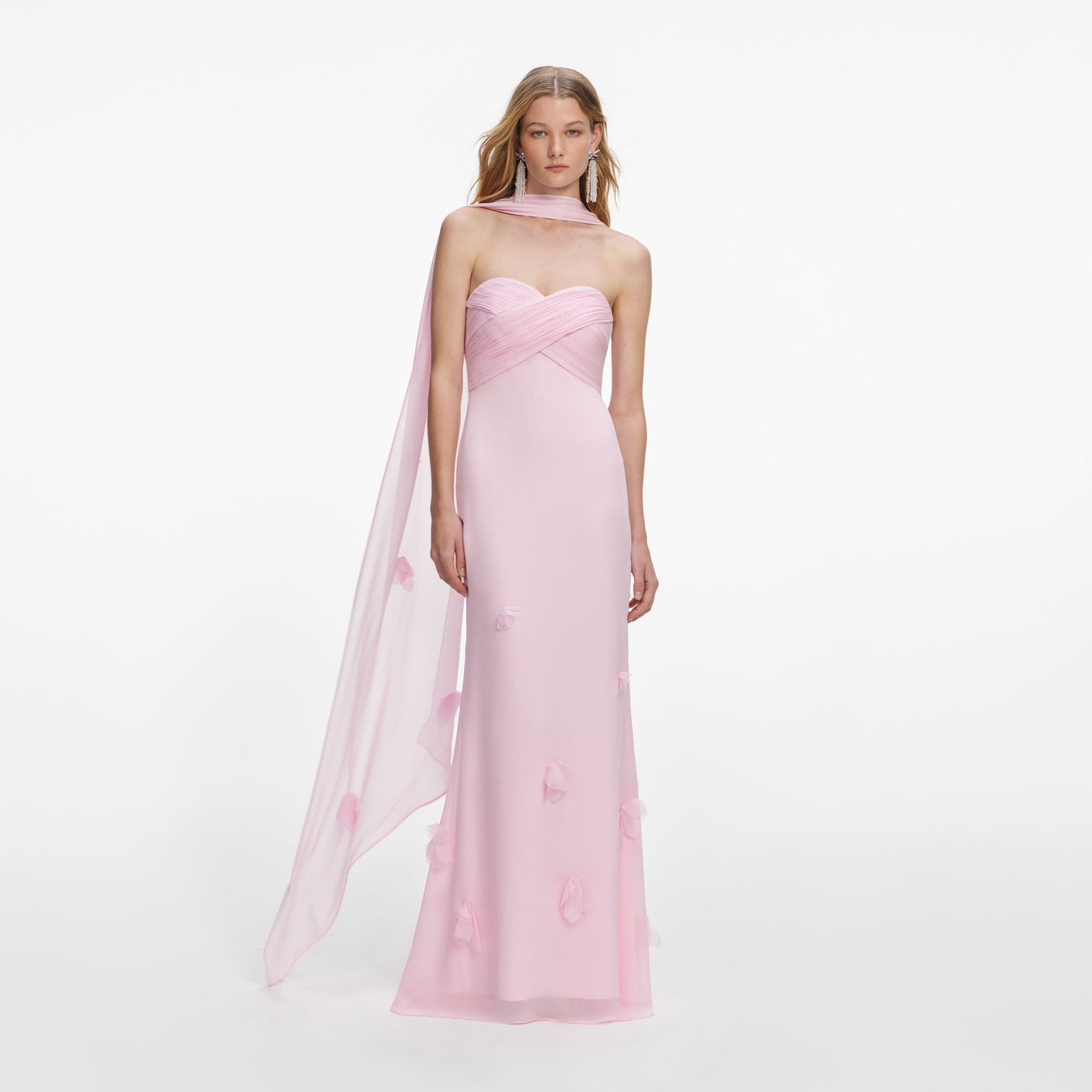 Front view of a woman wearing the Pink Georgette Scarf Maxi Dress