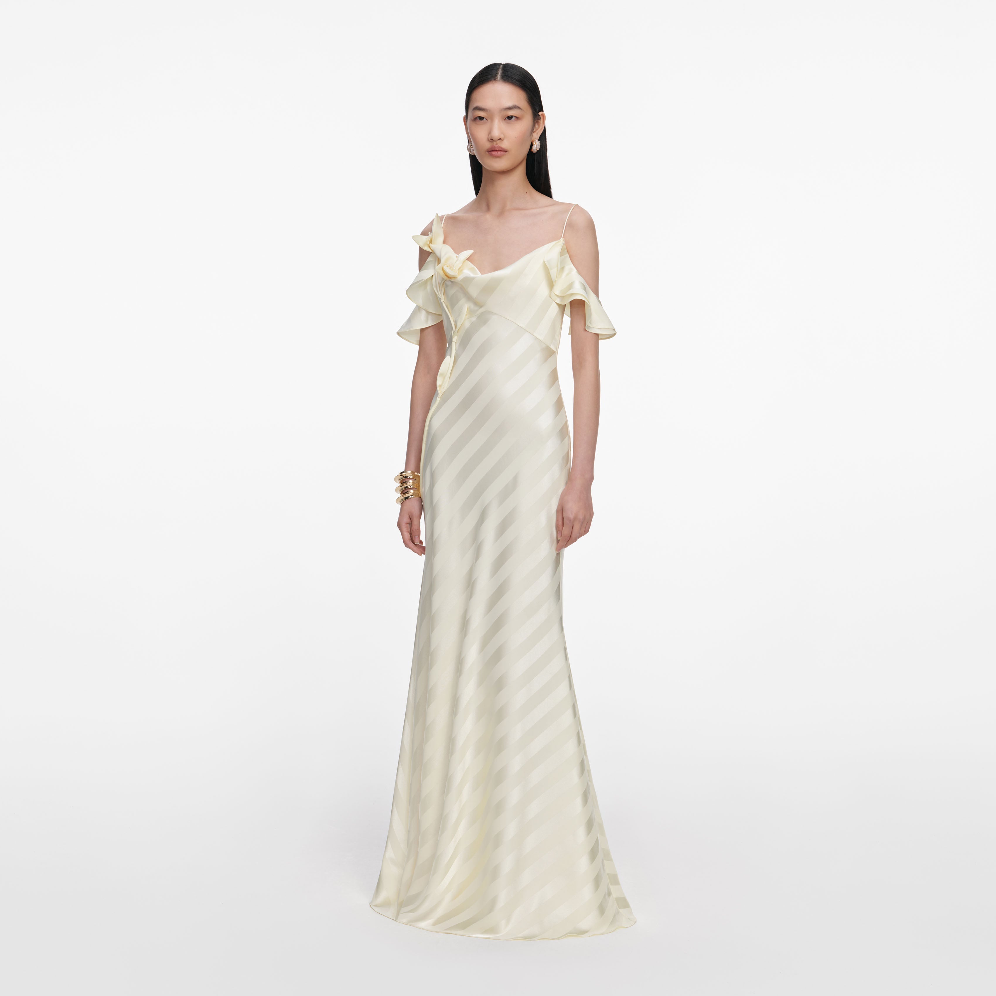 Yellow Satin Striped Maxi Dress