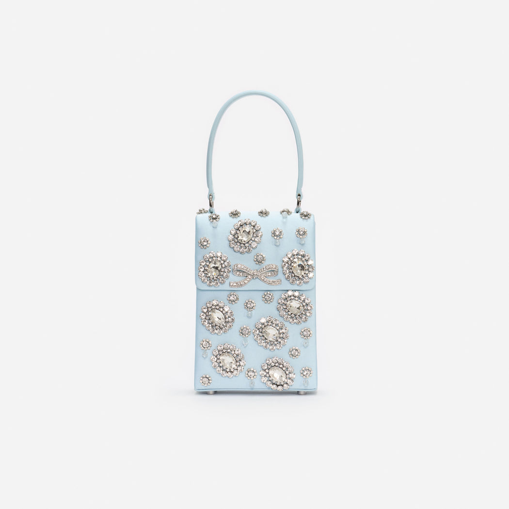 Blue Satin Crystal Mini Bow Bag