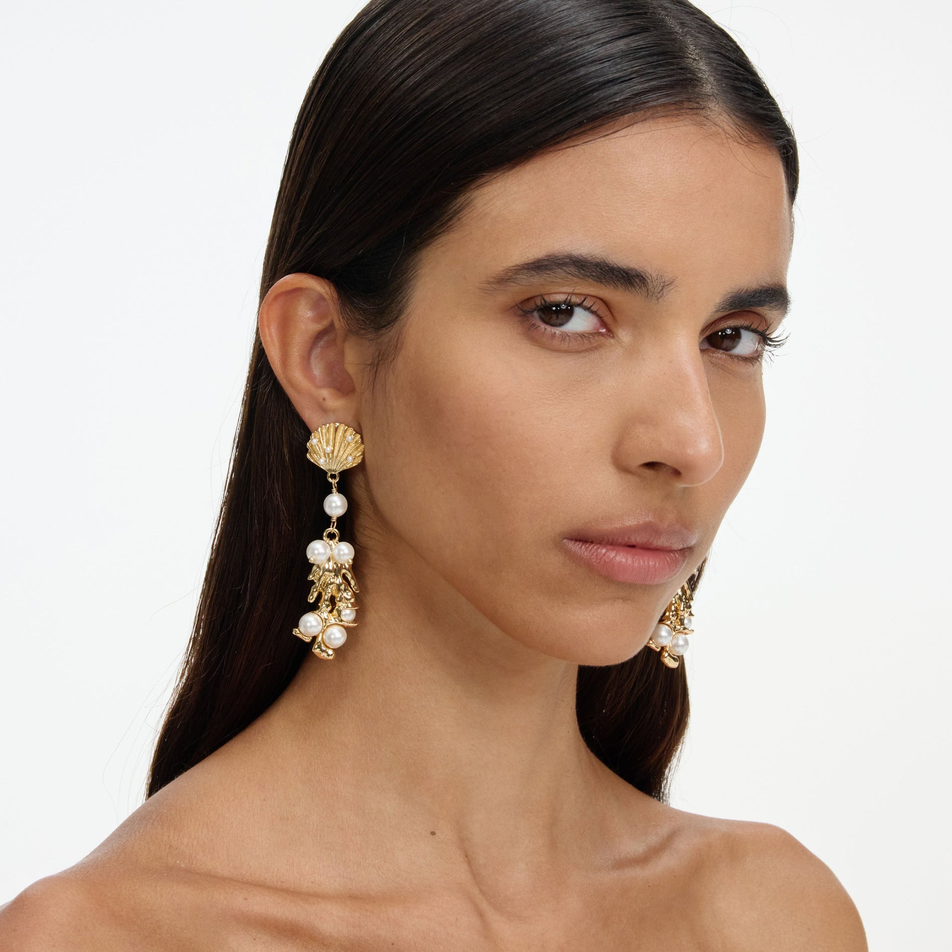 Gold Shell Pearl Coral Earrings