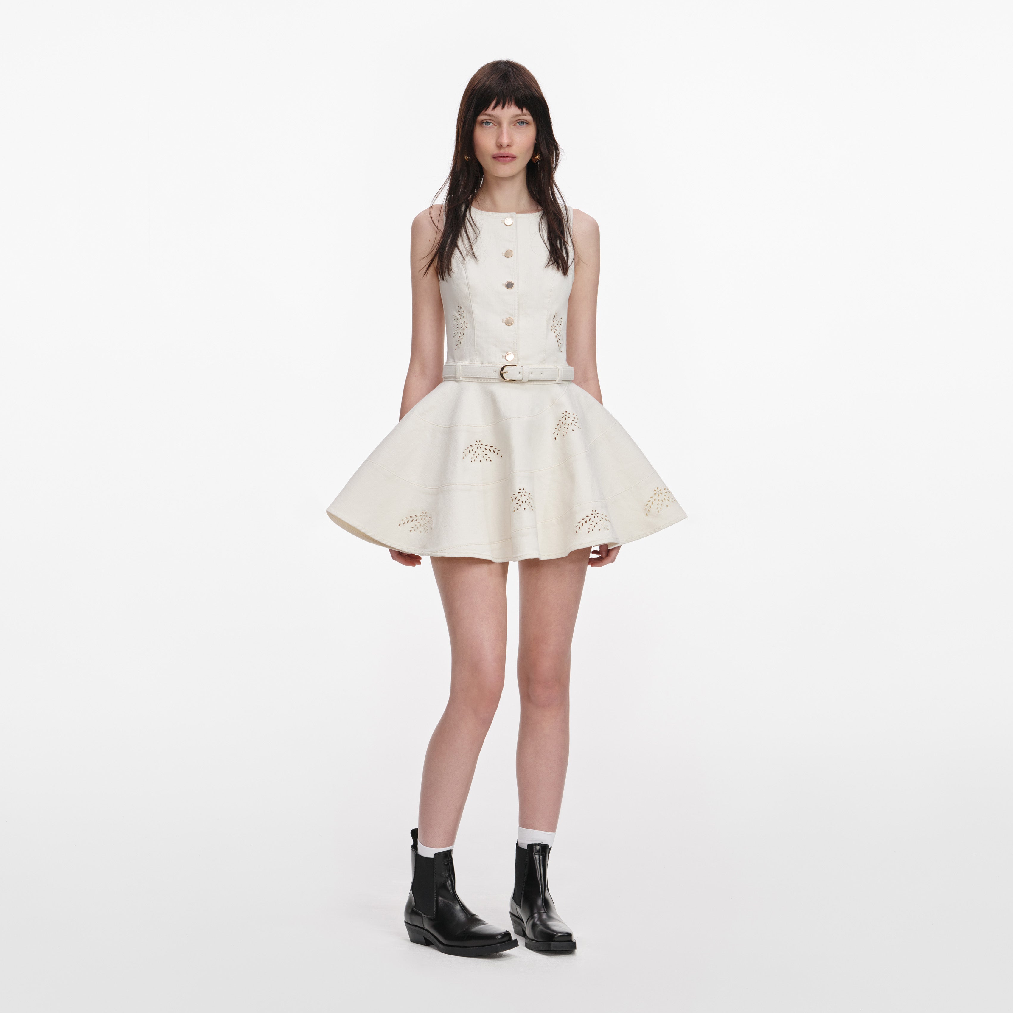 Cream Broderie Denim Sleeveless Mini Dress