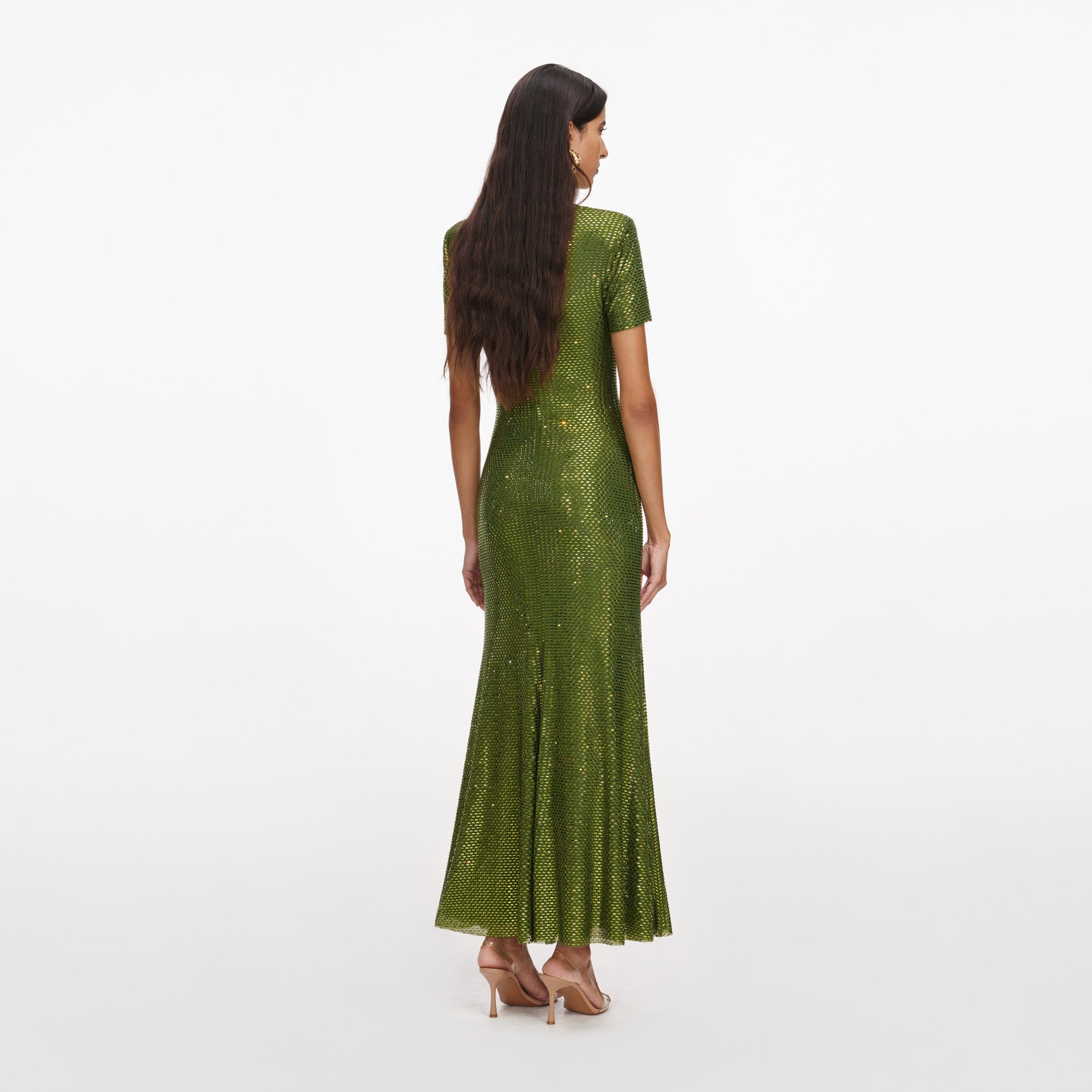 Back view of a woman wearing the Olive Rhinestone Mesh Midi Dress