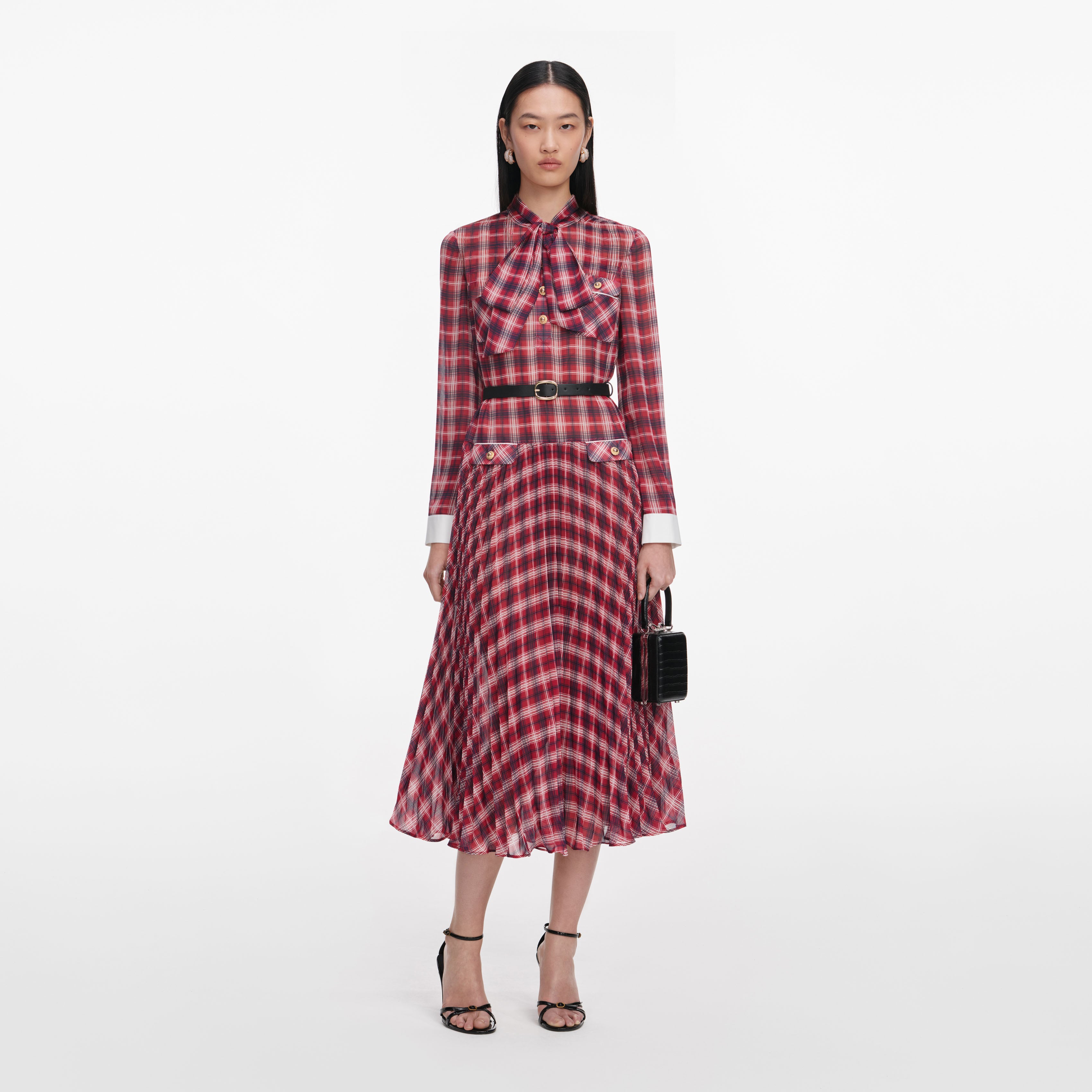 Burgundy Check Chiffon Midi Dress